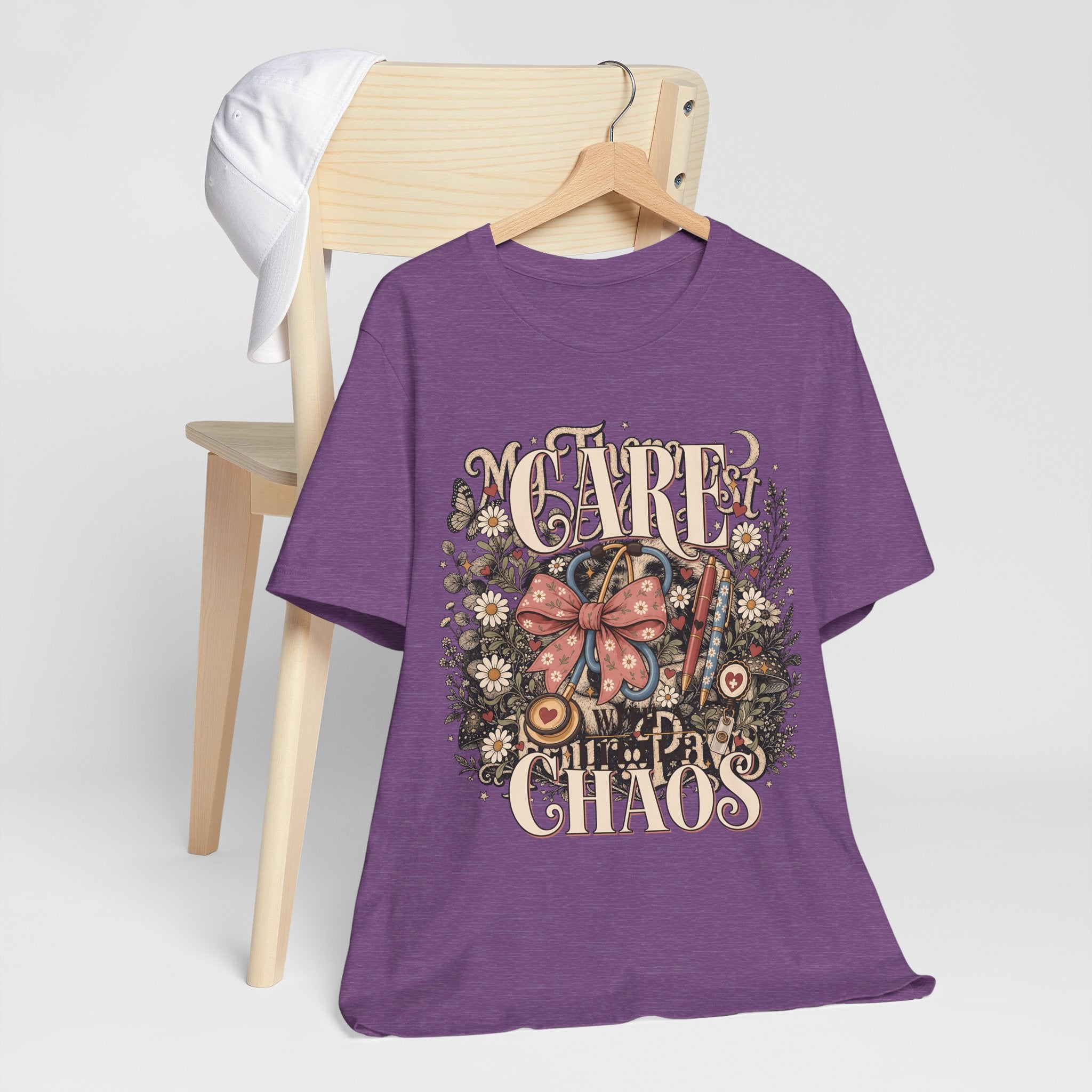 "Care With A Little Chaos" Coquette Nurse T-Shirt — Cute Nurse Graphic Tee