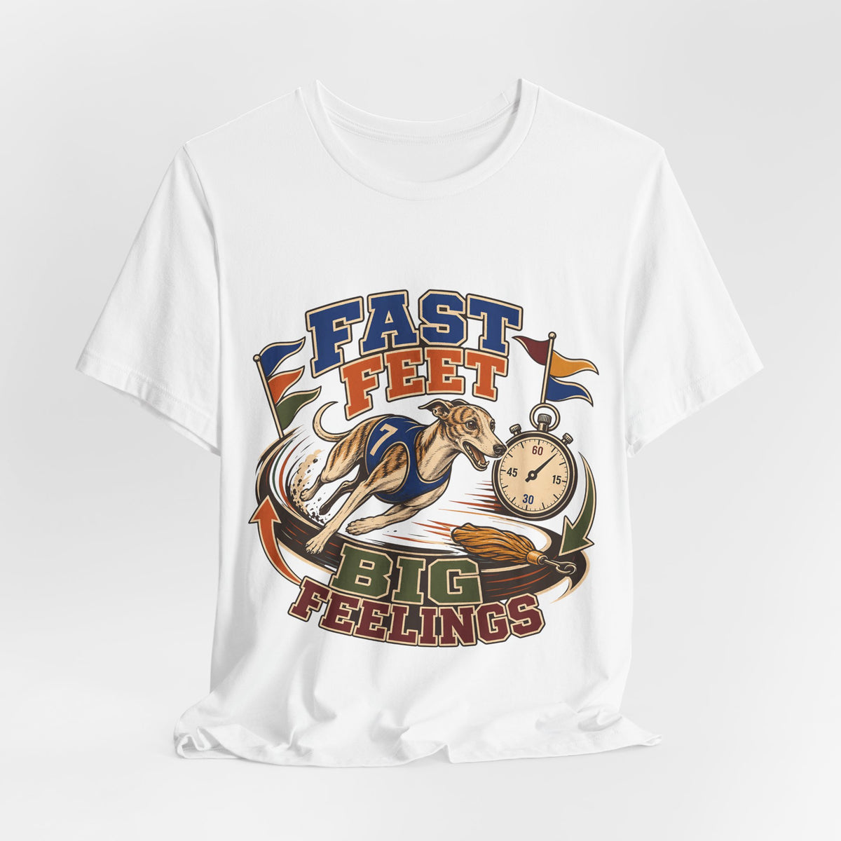 "Fast Feet Big Feelings" T-Shirt — Sporty Vintage Whippet Graphic Tee