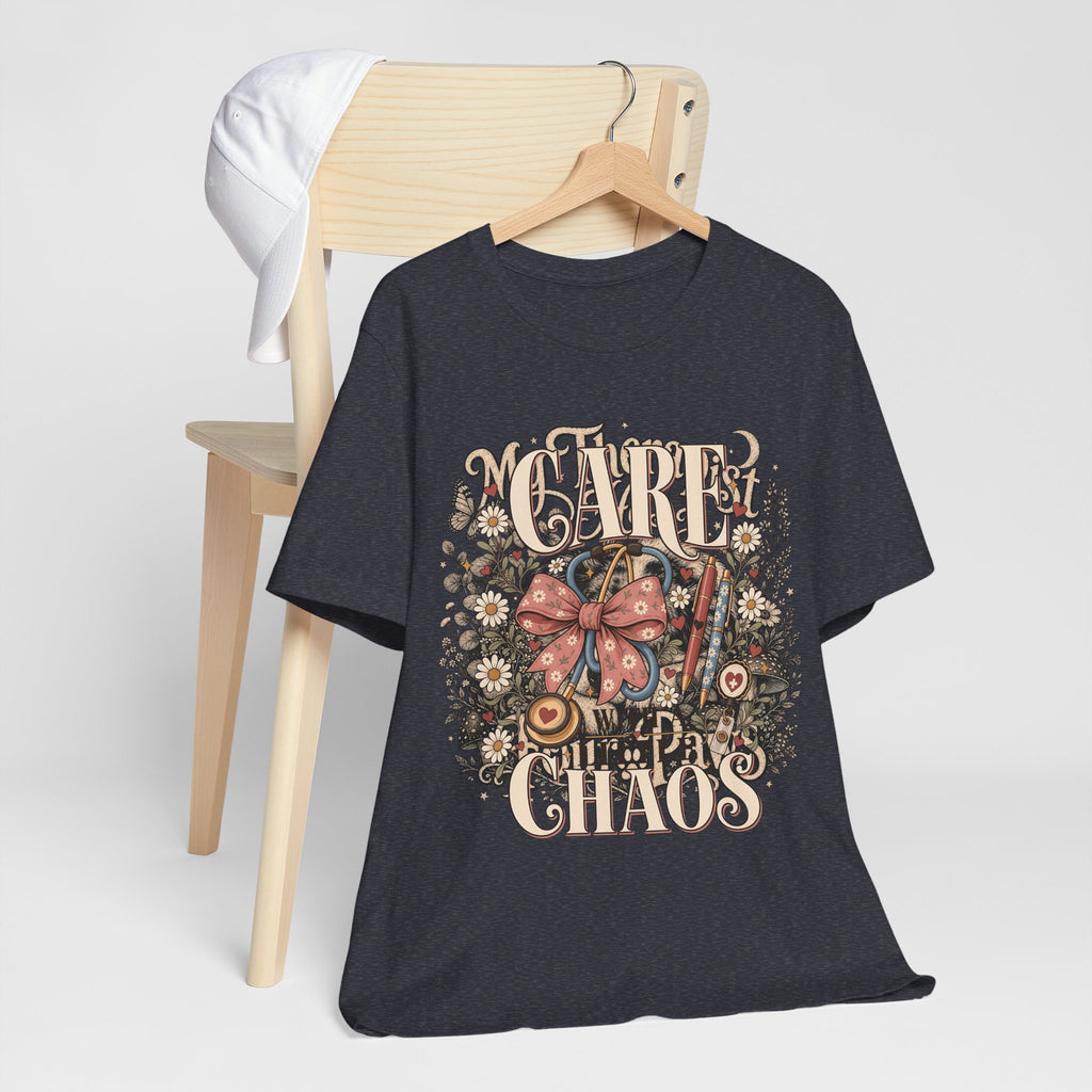 "Care With A Little Chaos" Coquette Nurse T-Shirt — Cute Nurse Graphic Tee
