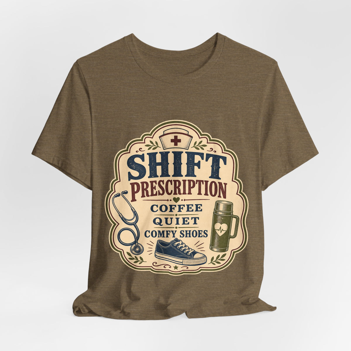 "Shift Prescription: Coffee, Quiet, Comfy Shoes" — Retro Nurse T-Shirt