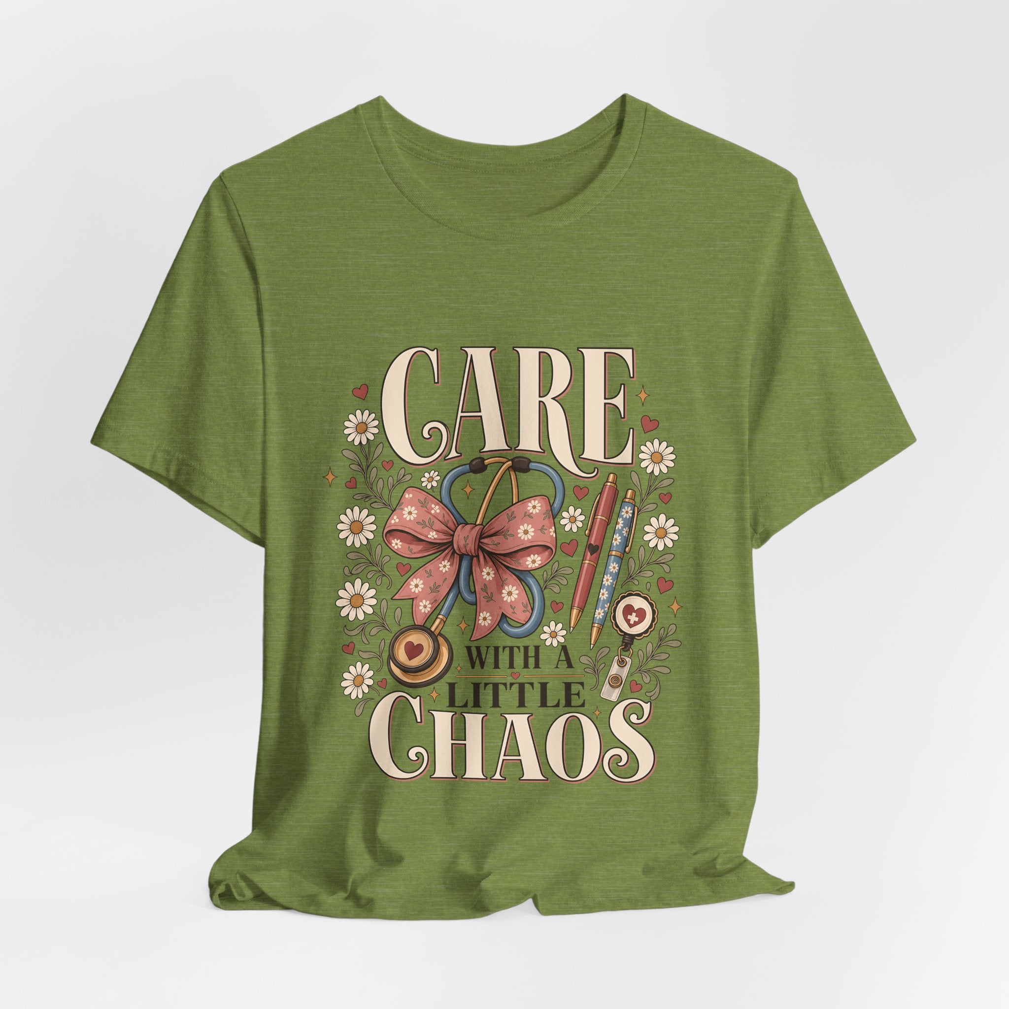 "Care With A Little Chaos" Coquette Nurse T-Shirt — Cute Nurse Graphic Tee