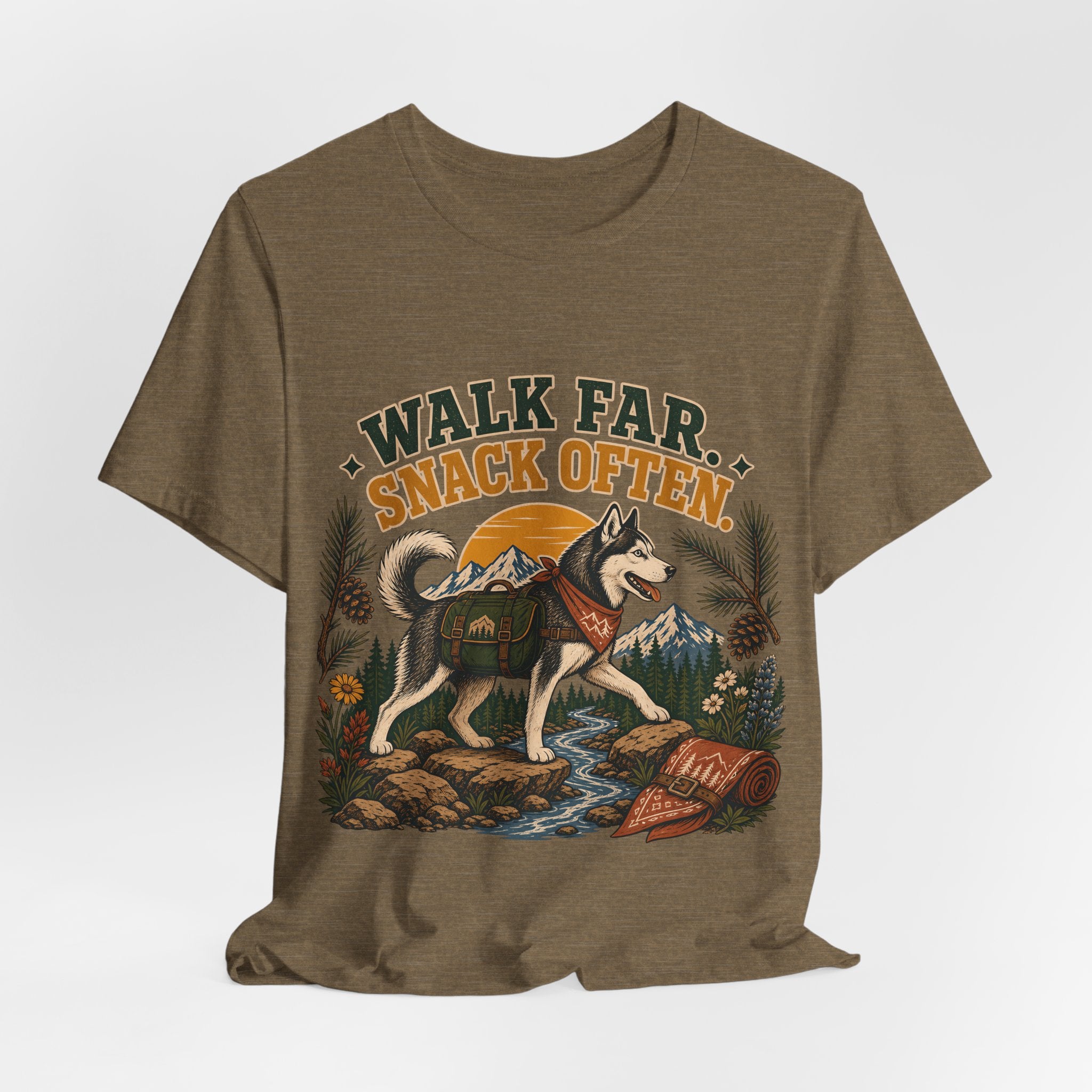 "Walk Far. Snack Often." — Hiking Dog Lover T-Shirt