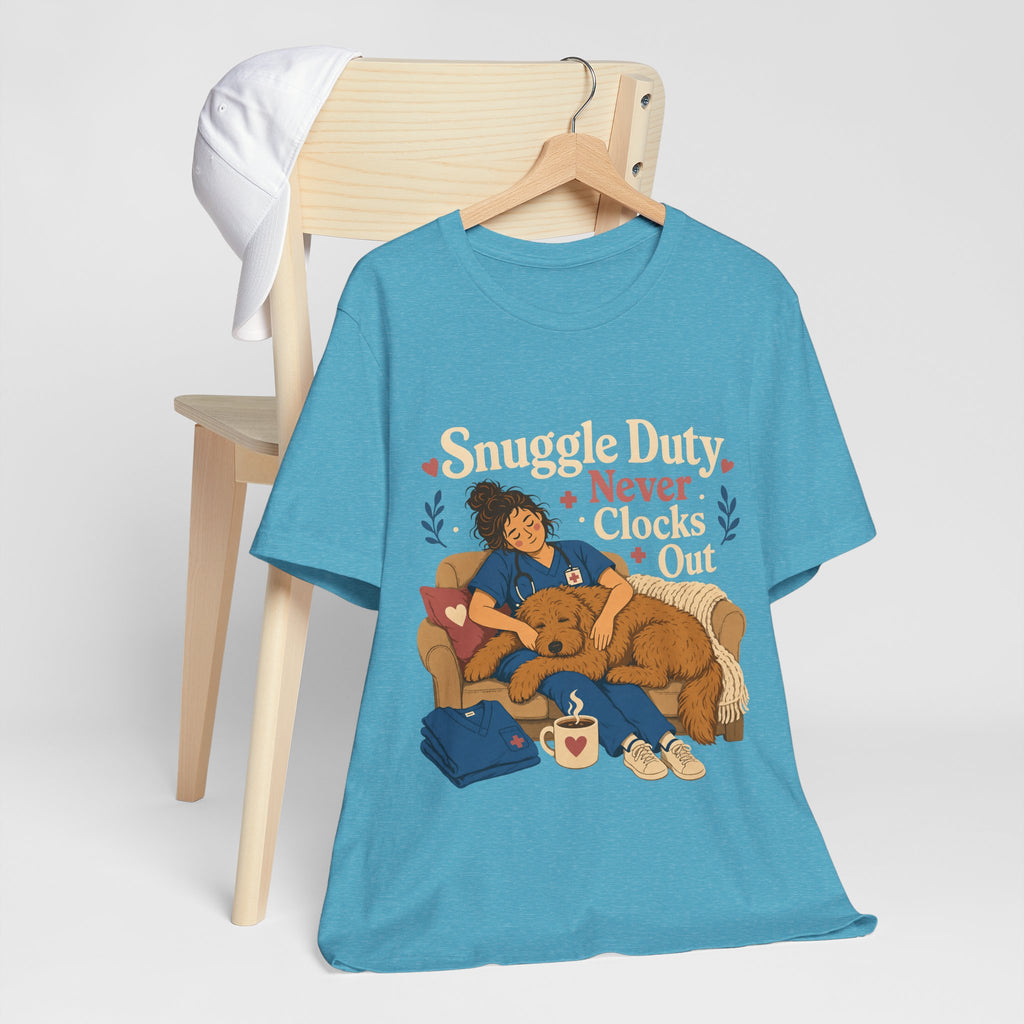 "Snuggle Duty Never Clocks Out" Nurse T-Shirt — Dog Mom Nurse Graphic Tee