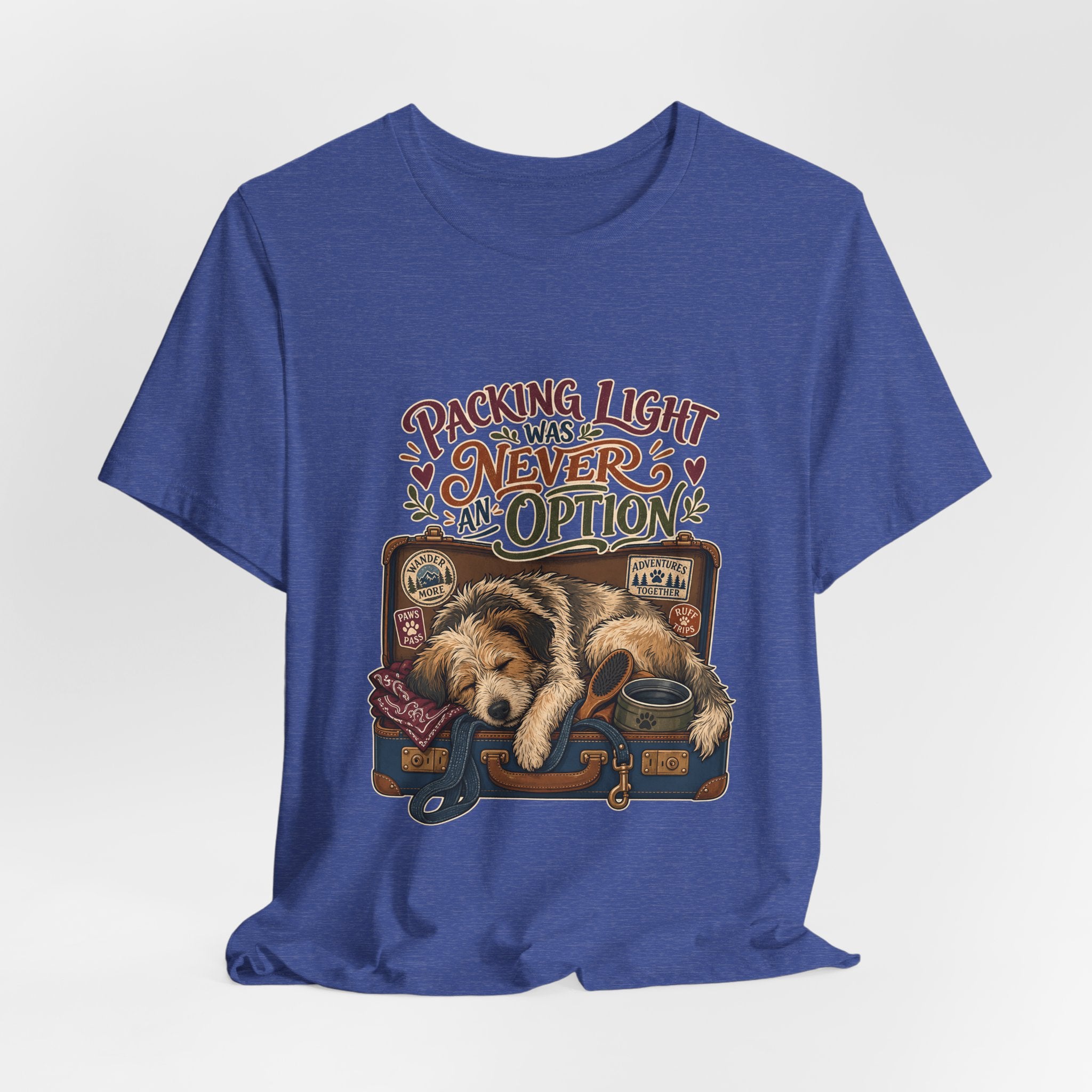 "Packing Light Was Never An Option" T-Shirt — Whimsical Travel Dog Graphic Tee