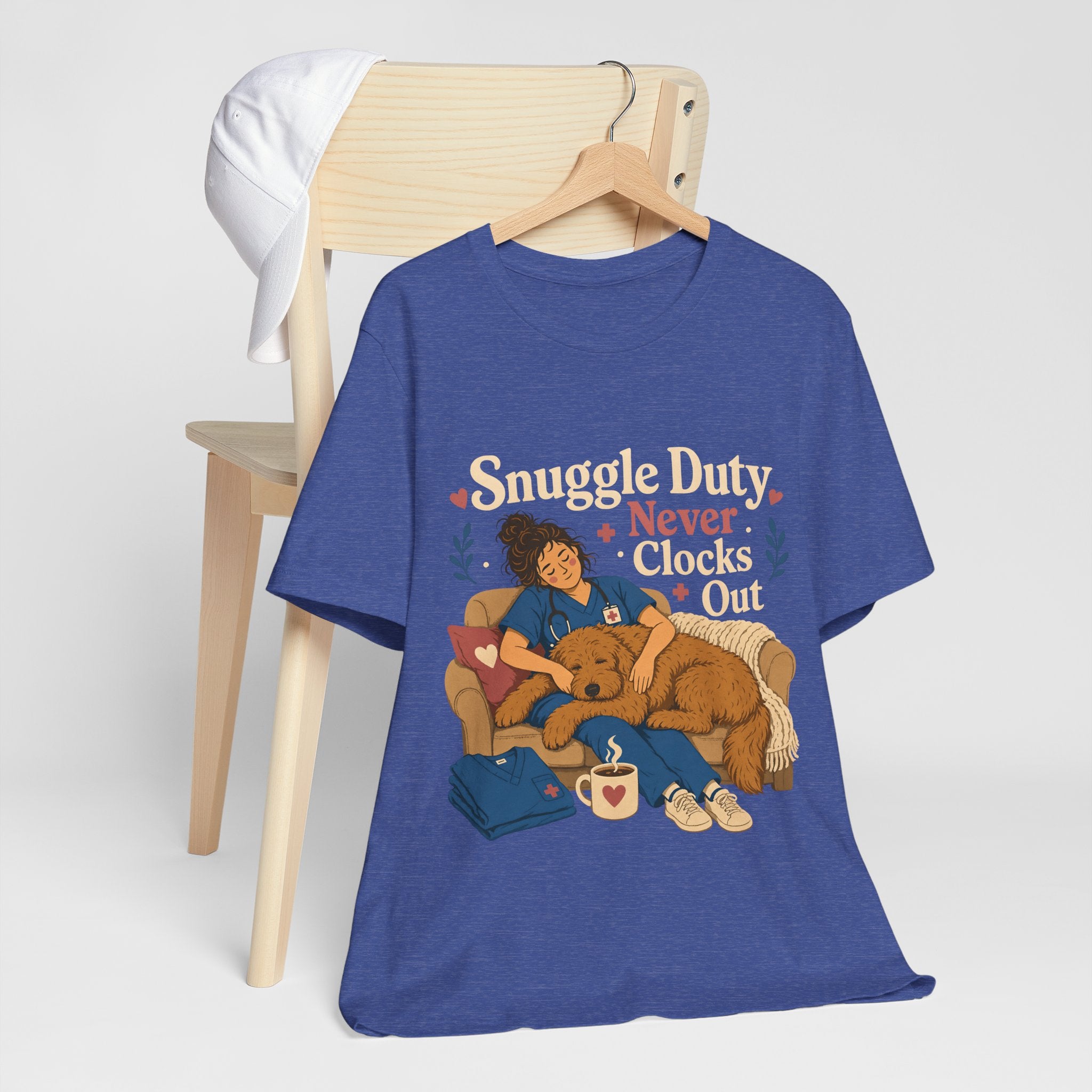 "Snuggle Duty Never Clocks Out" Nurse T-Shirt — Dog Mom Nurse Graphic Tee