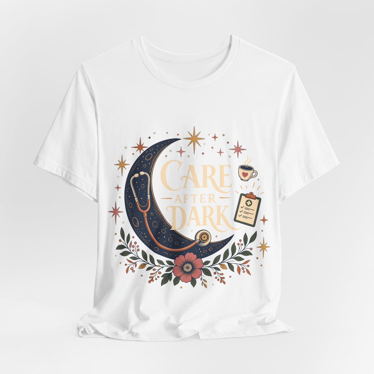"Care After Dark" Night Shift Nurse T-Shirt — Celestial Nurse Graphic Tee
