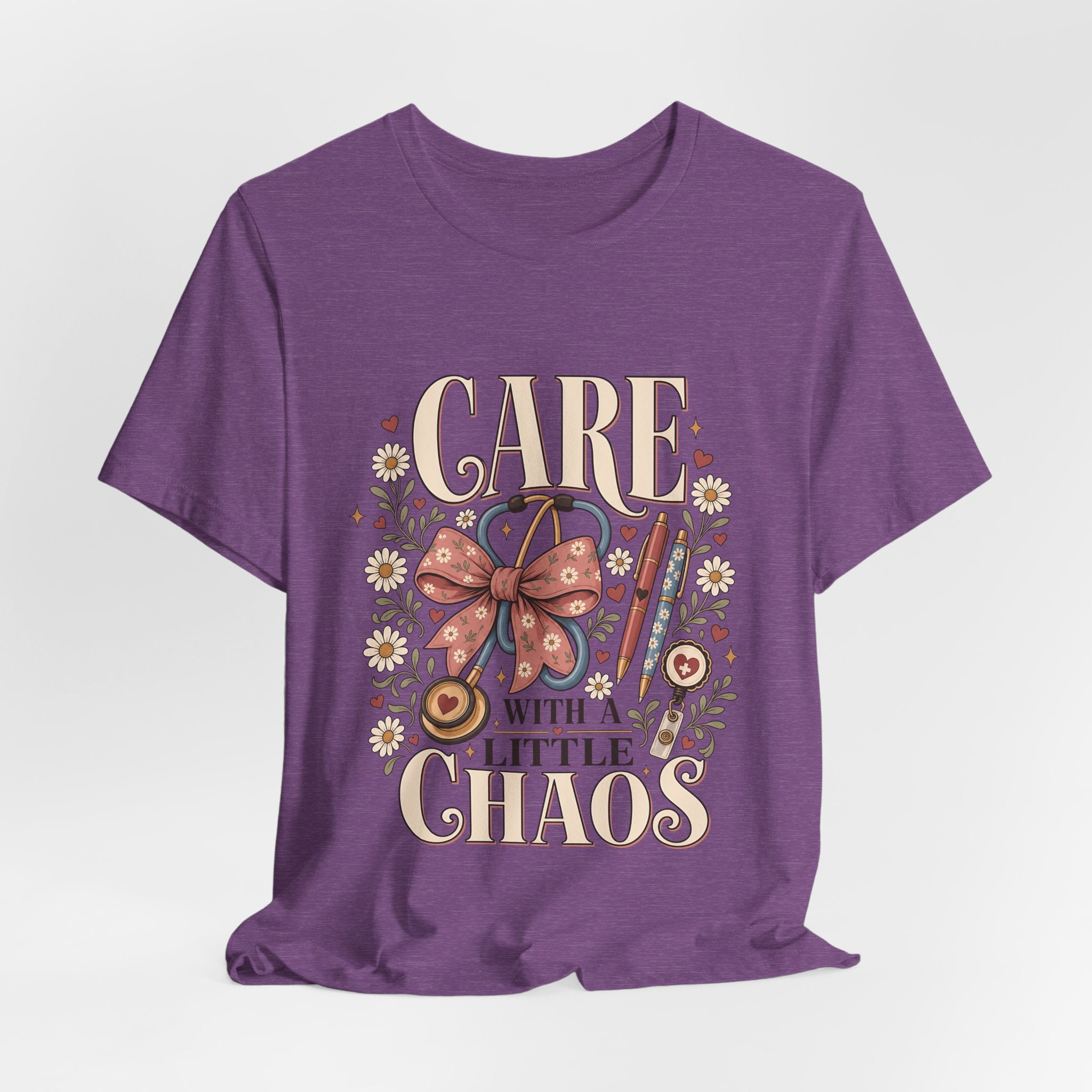"Care With A Little Chaos" Coquette Nurse T-Shirt — Cute Nurse Graphic Tee