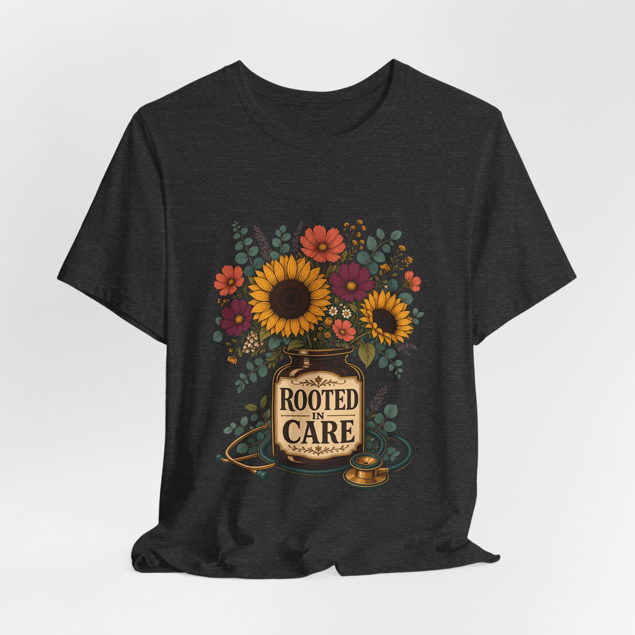 "Rooted In Care" Nurse T-Shirt — Floral Mason Jar Nurse Graphic Tee