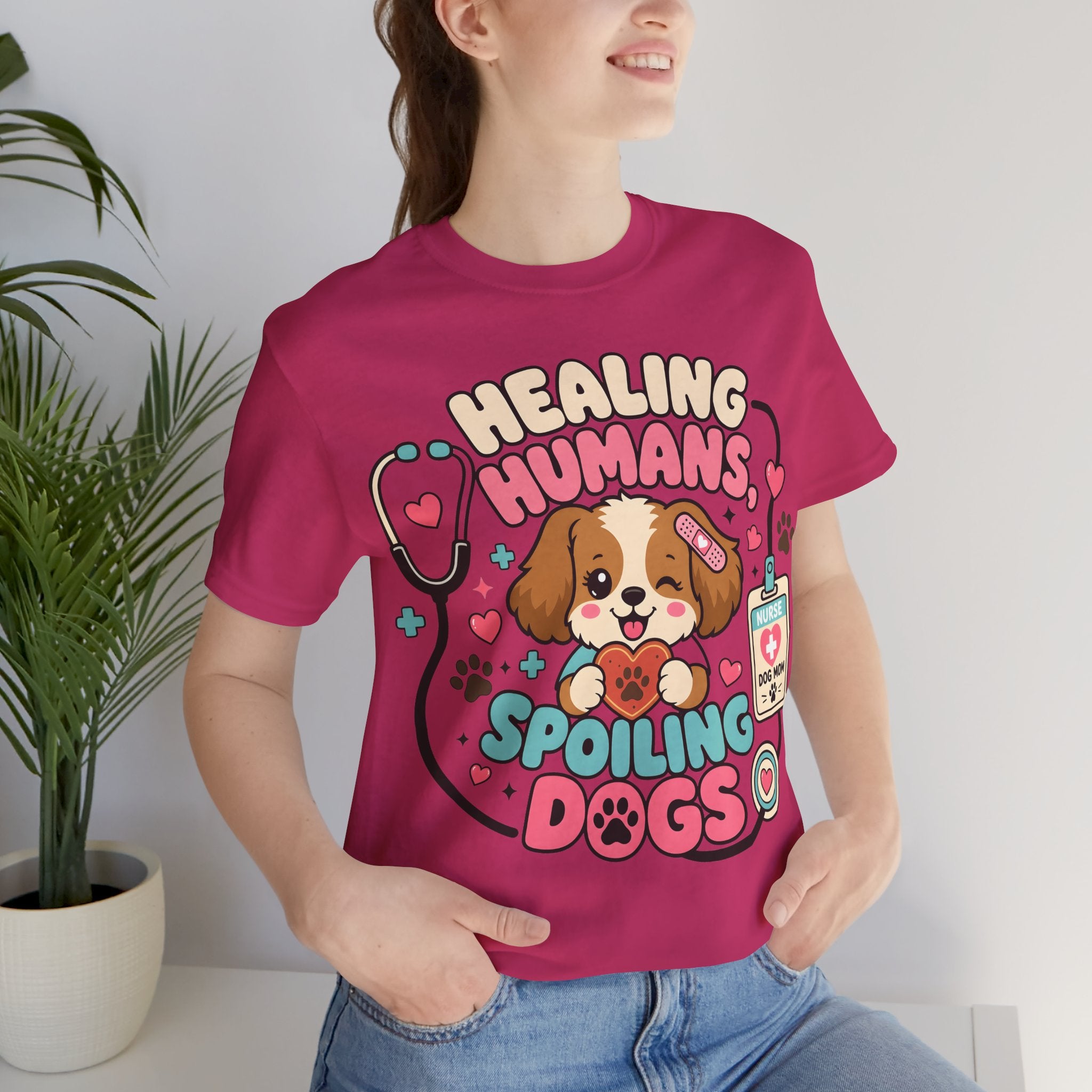 Healing Humans, Spoiling Dogs T‑Shirt — Cute Veterinary Nurse Dog Mom Tee