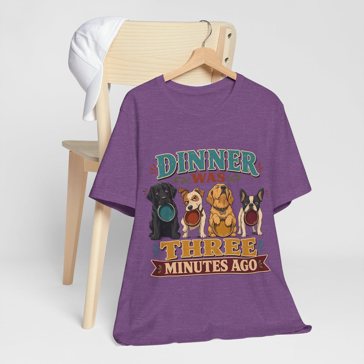 "Dinner Was Three Minutes Ago" T-Shirt — Playful Dog Dinner Graphic Tee