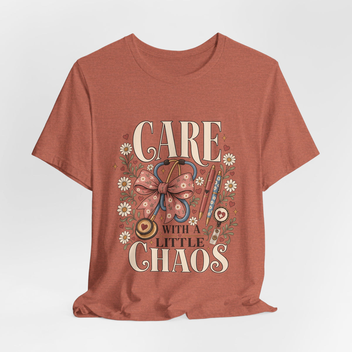 "Care With A Little Chaos" Coquette Nurse T-Shirt — Cute Nurse Graphic Tee
