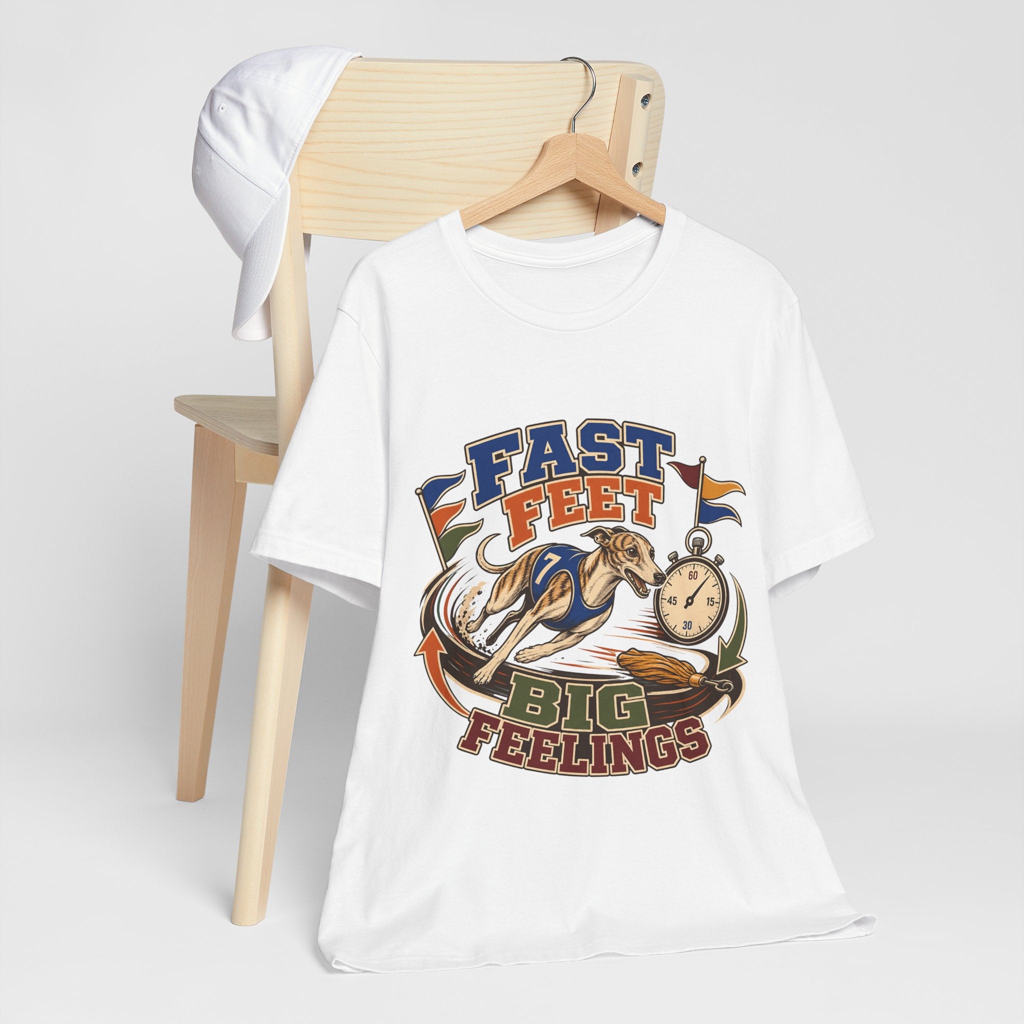 "Fast Feet Big Feelings" T-Shirt — Sporty Vintage Whippet Graphic Tee