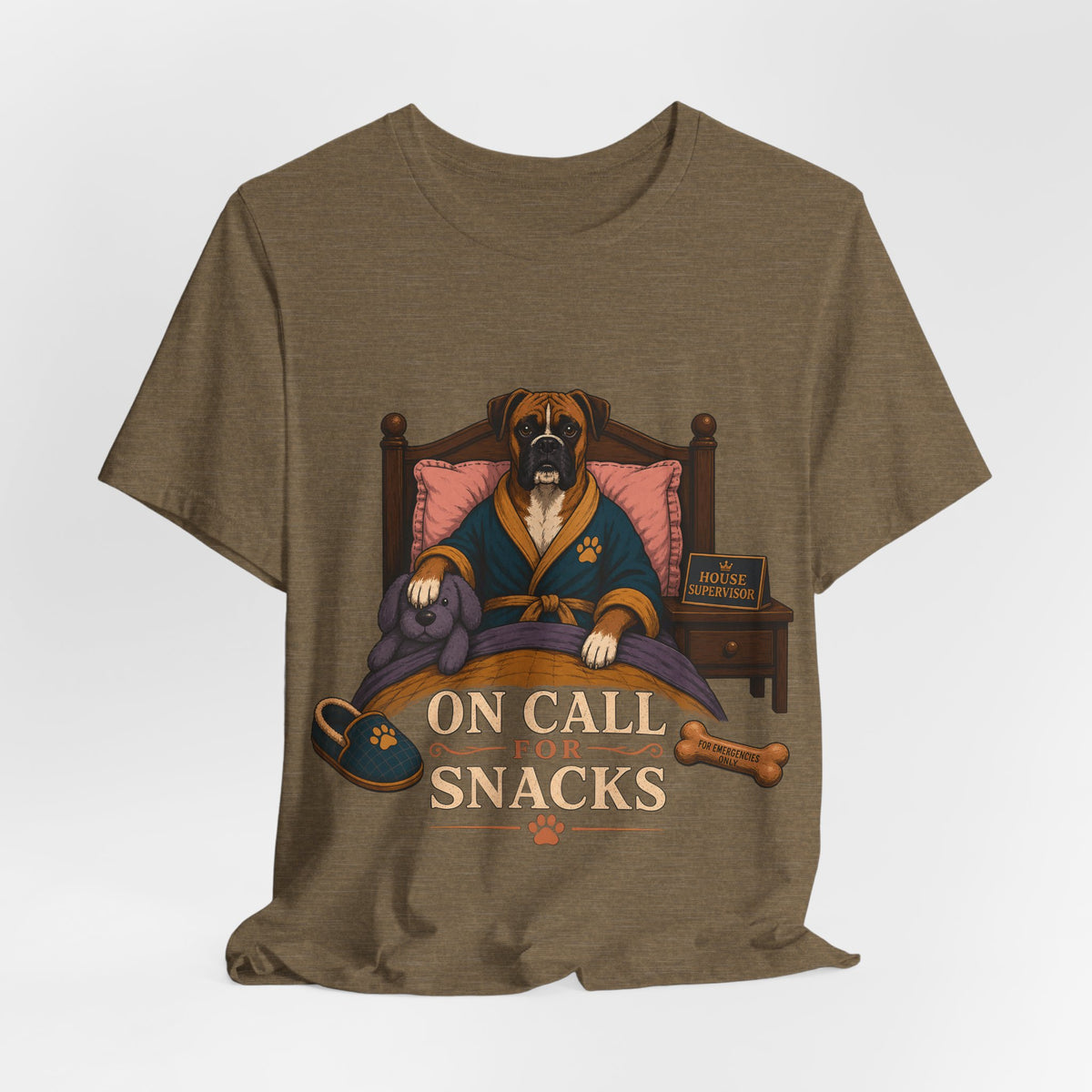 "On Call For Snacks" T-Shirt — Humorous Boxer Dog Graphic Tee
