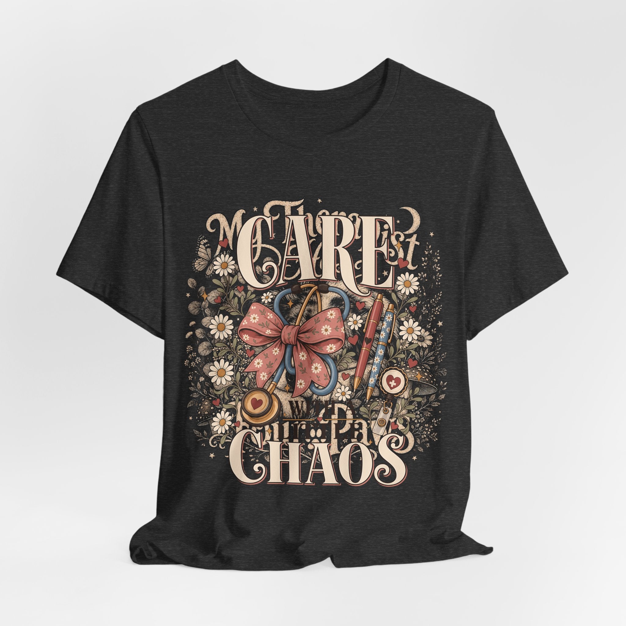 "Care With A Little Chaos" Coquette Nurse T-Shirt — Cute Nurse Graphic Tee