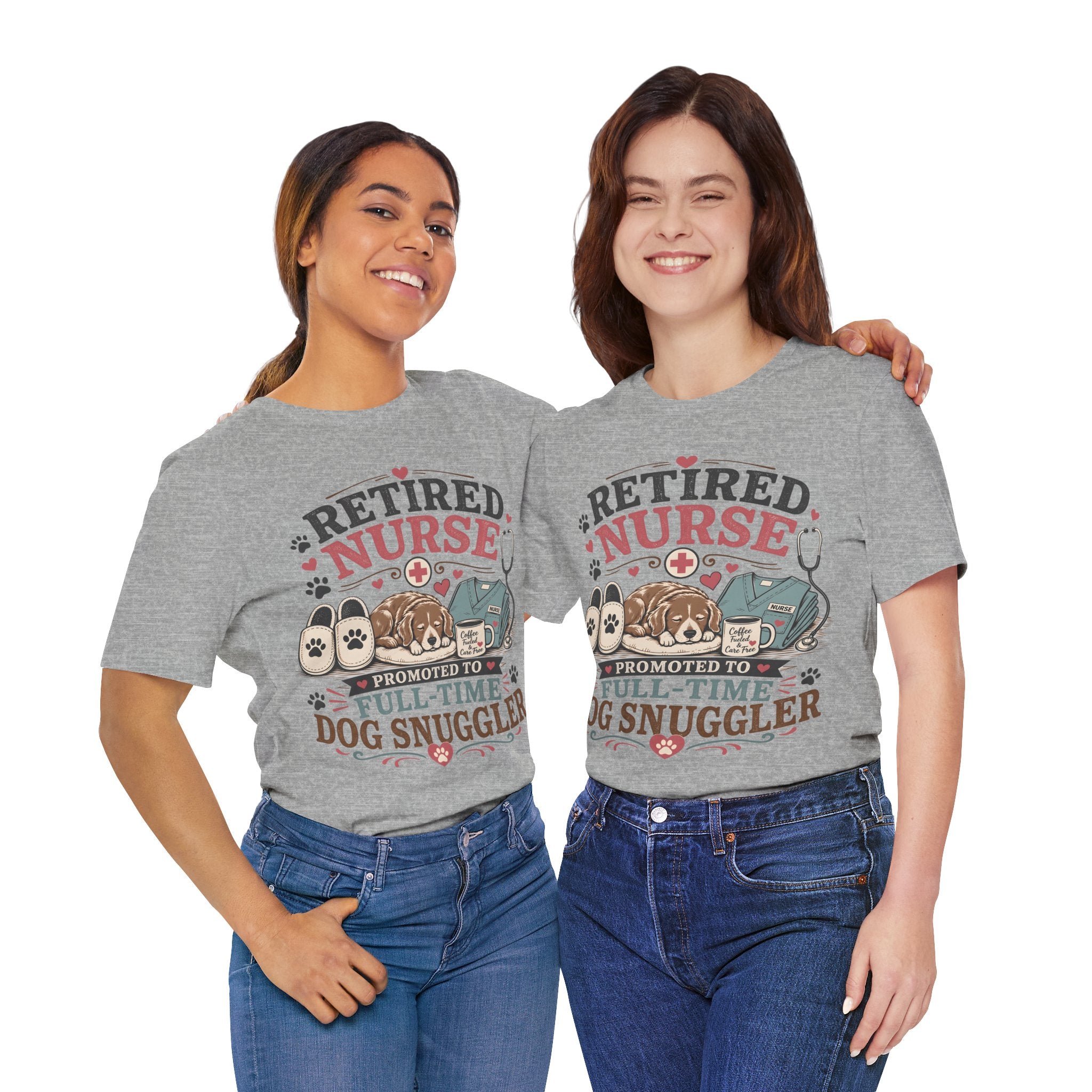 Retired Nurse T-Shirt — "Promoted to Full-Time Dog Snuggler" Cute Nursing & Pet Lover Tee