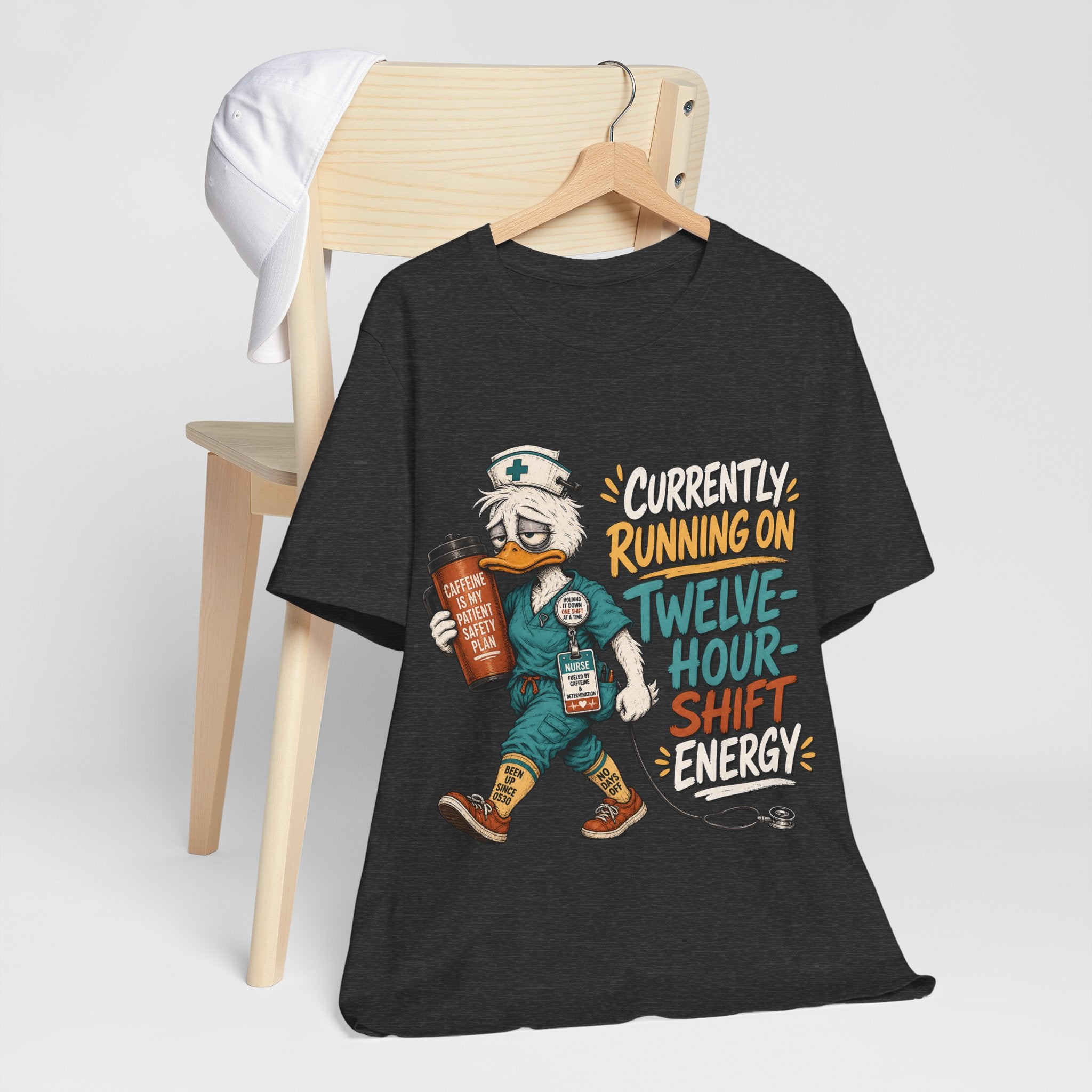 "Currently Running On Twelve-Hour Shift Energy" Nurse T-Shirt — Funny Nurse Graphic Tee