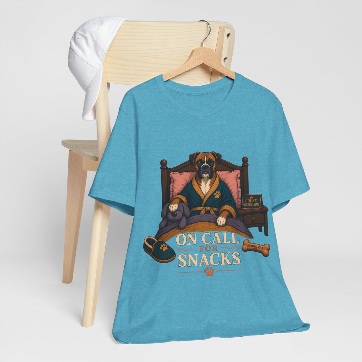 "On Call For Snacks" T-Shirt — Humorous Boxer Dog Graphic Tee
