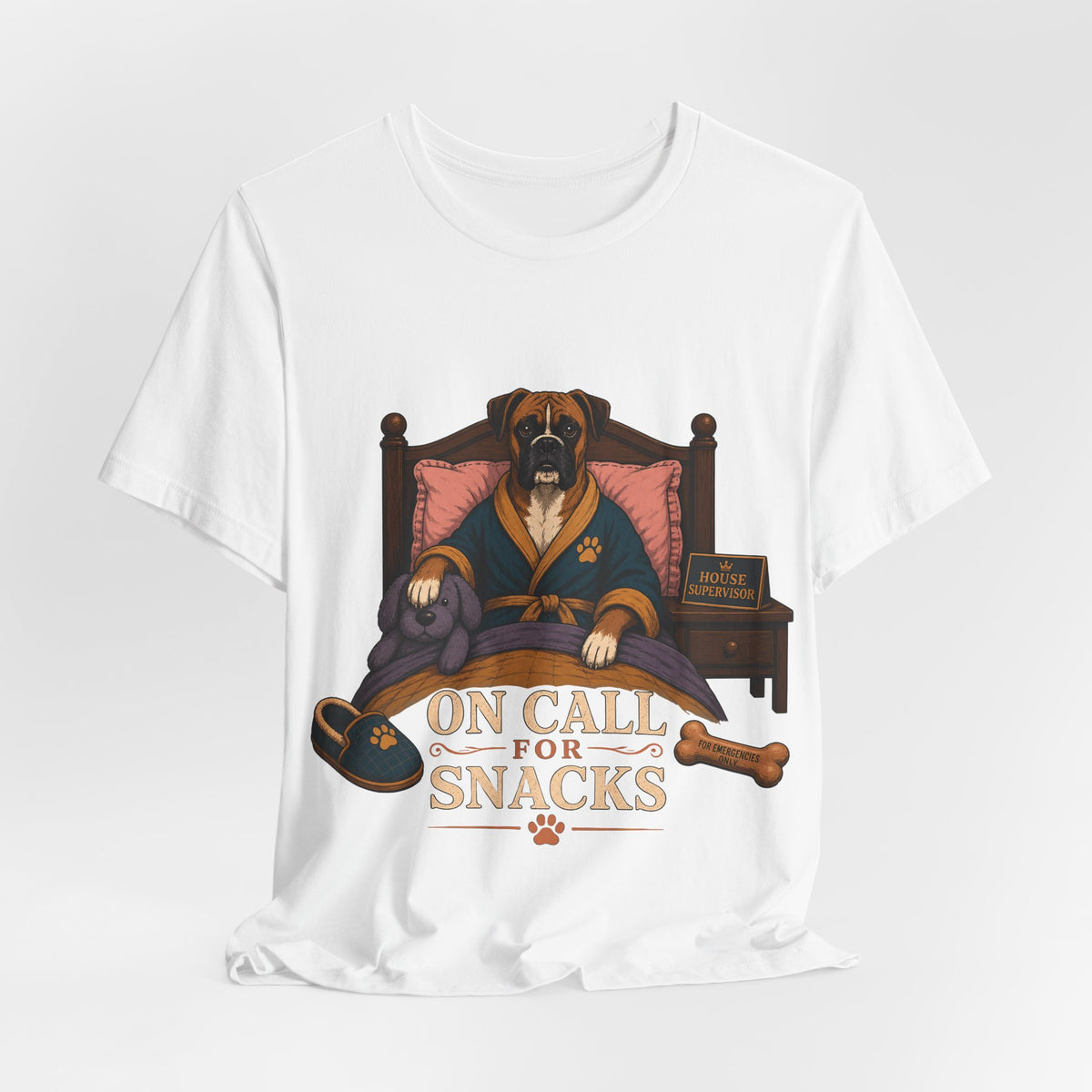 "On Call For Snacks" T-Shirt — Humorous Boxer Dog Graphic Tee