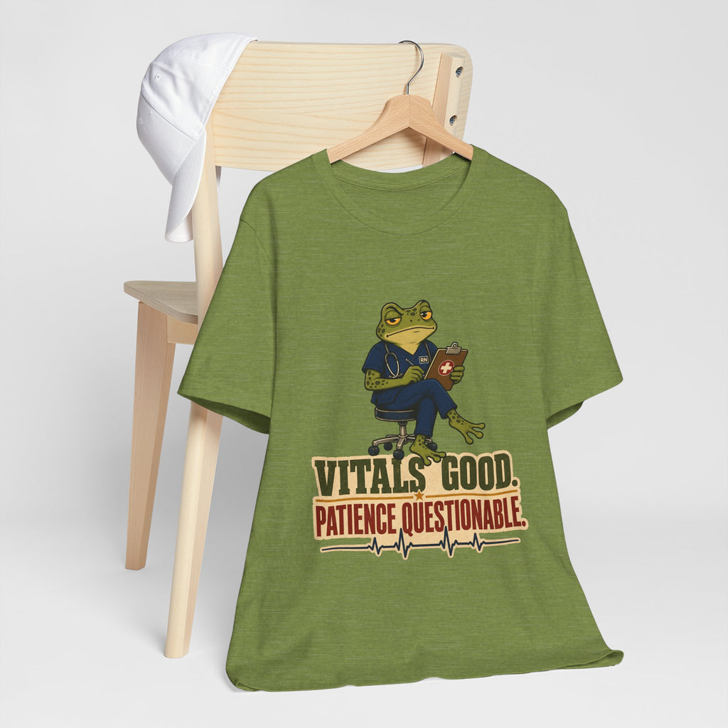 "Vitals Good, Patience Questionable." Nurse T-Shirt — Funny Nurse Graphic Tee