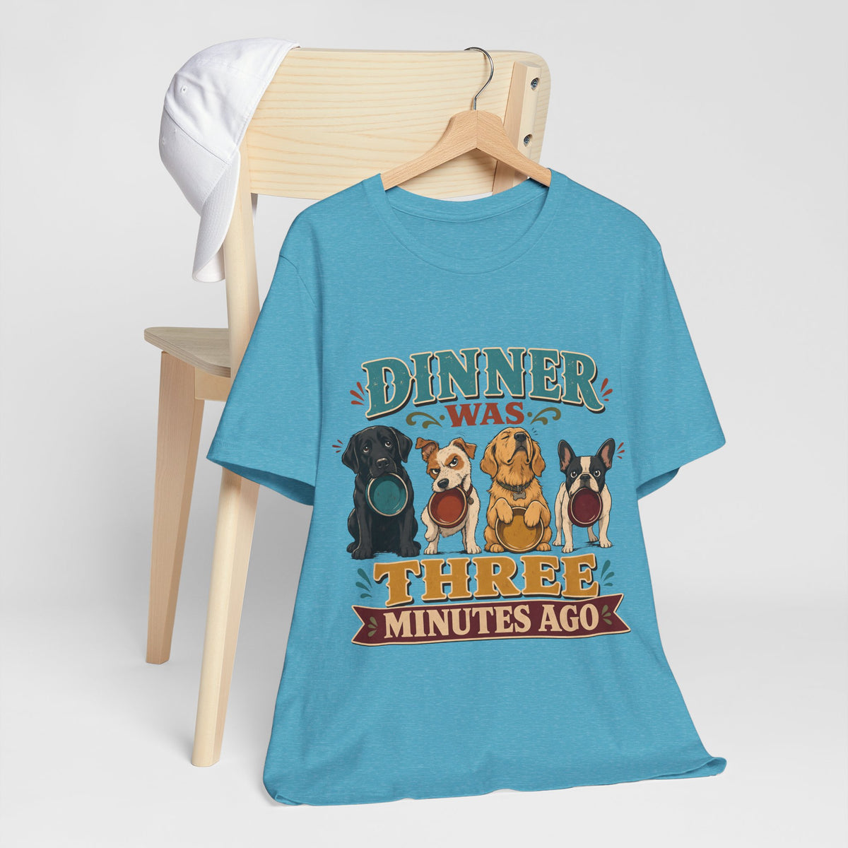 "Dinner Was Three Minutes Ago" T-Shirt — Playful Dog Dinner Graphic Tee