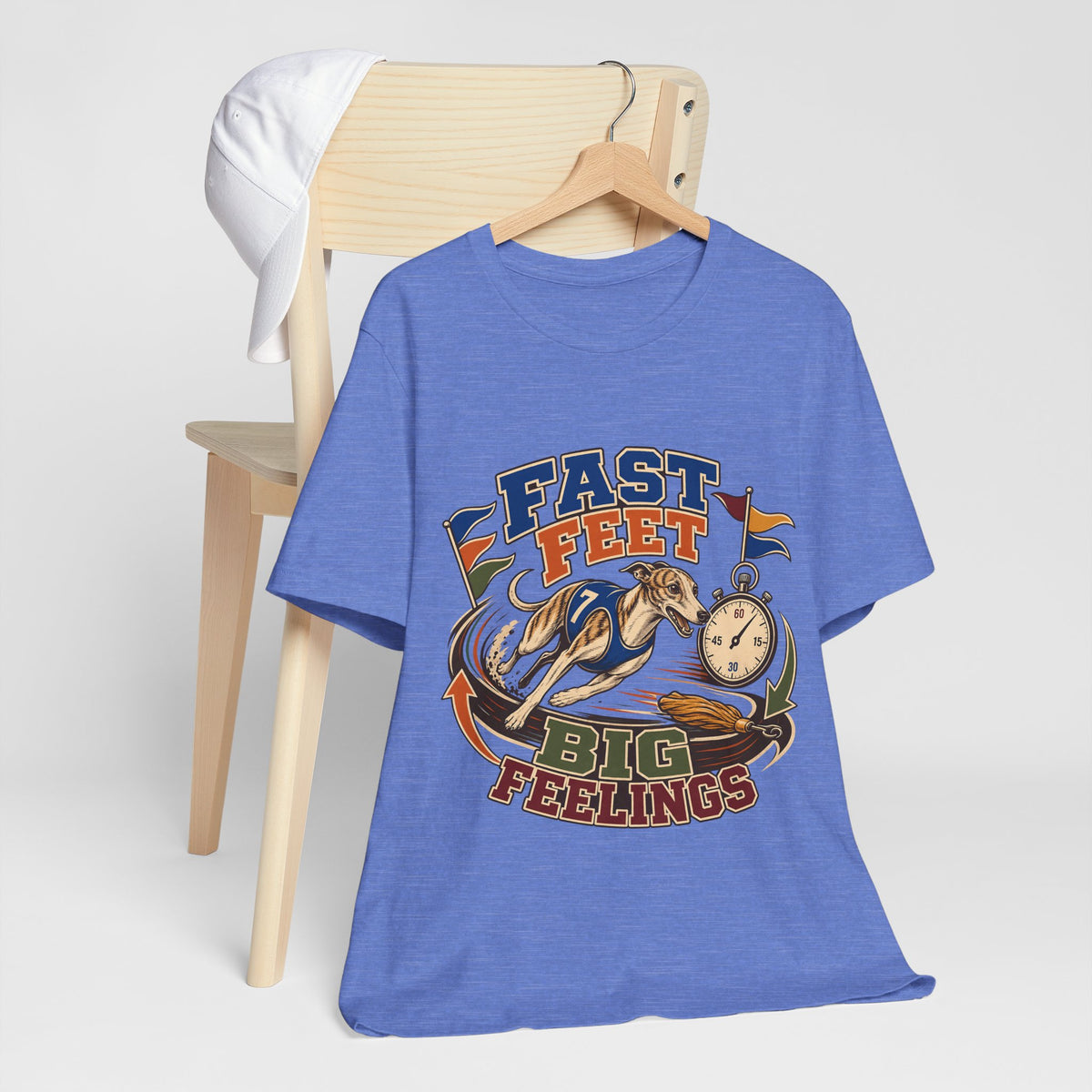 "Fast Feet Big Feelings" T-Shirt — Sporty Vintage Whippet Graphic Tee