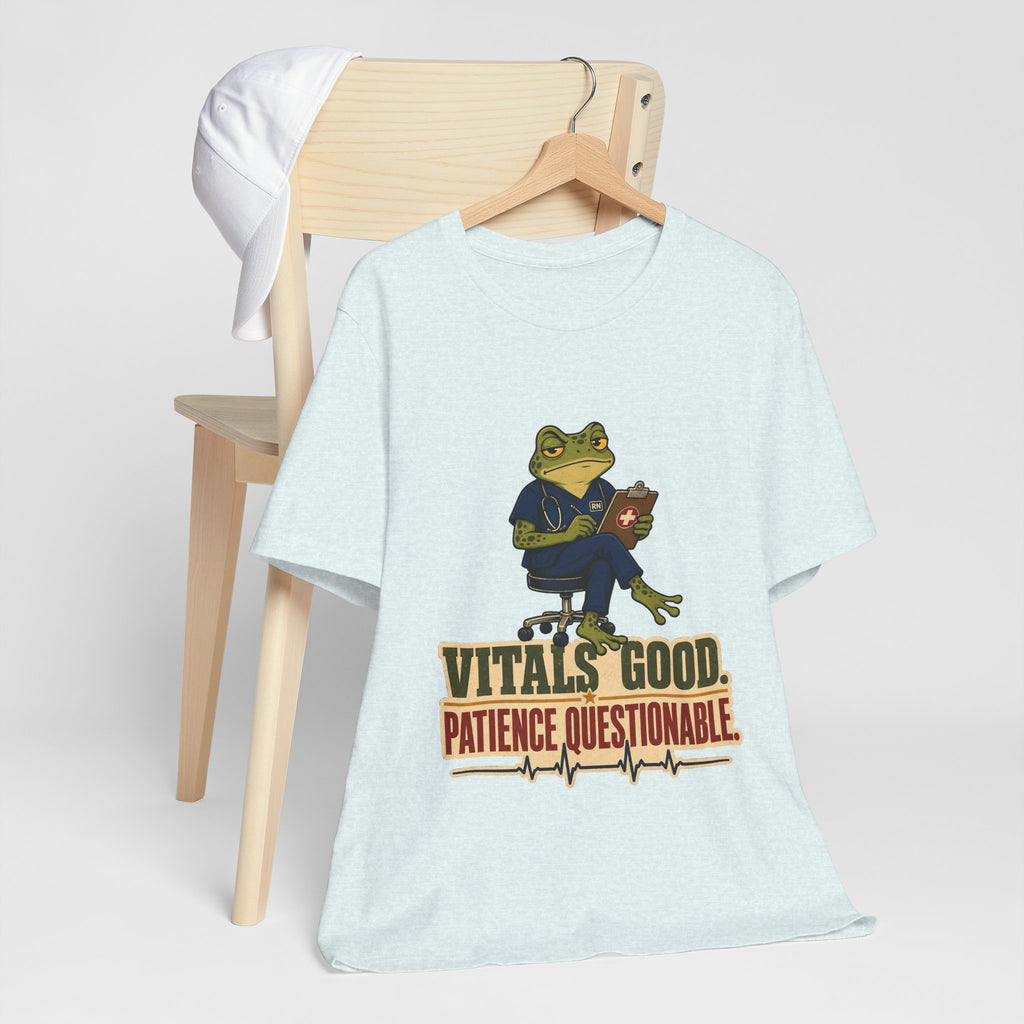 "Vitals Good, Patience Questionable." Nurse T-Shirt — Funny Nurse Graphic Tee