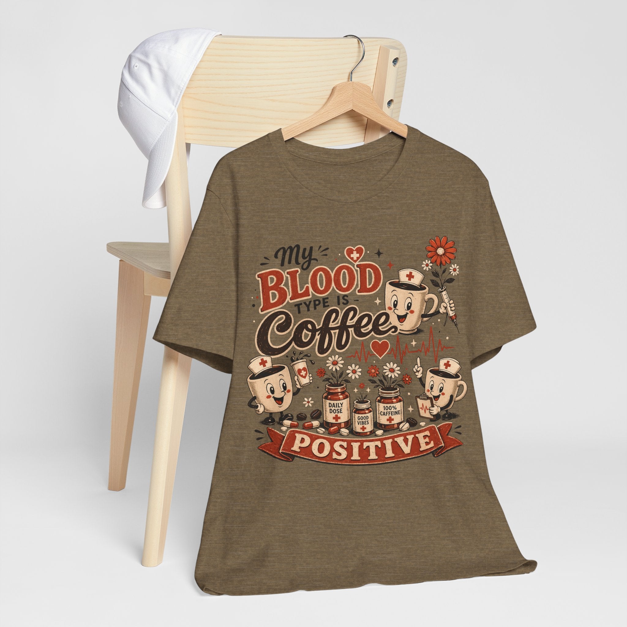 Coffee T-Shirt — "My Blood Type Is Coffee Positive" Cute Vintage Coffee Mug Tee