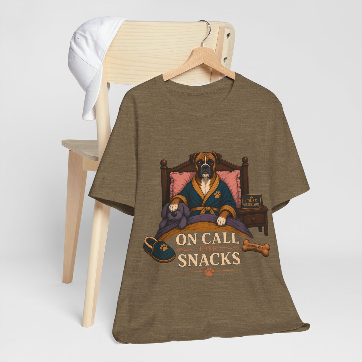 "On Call For Snacks" T-Shirt — Humorous Boxer Dog Graphic Tee