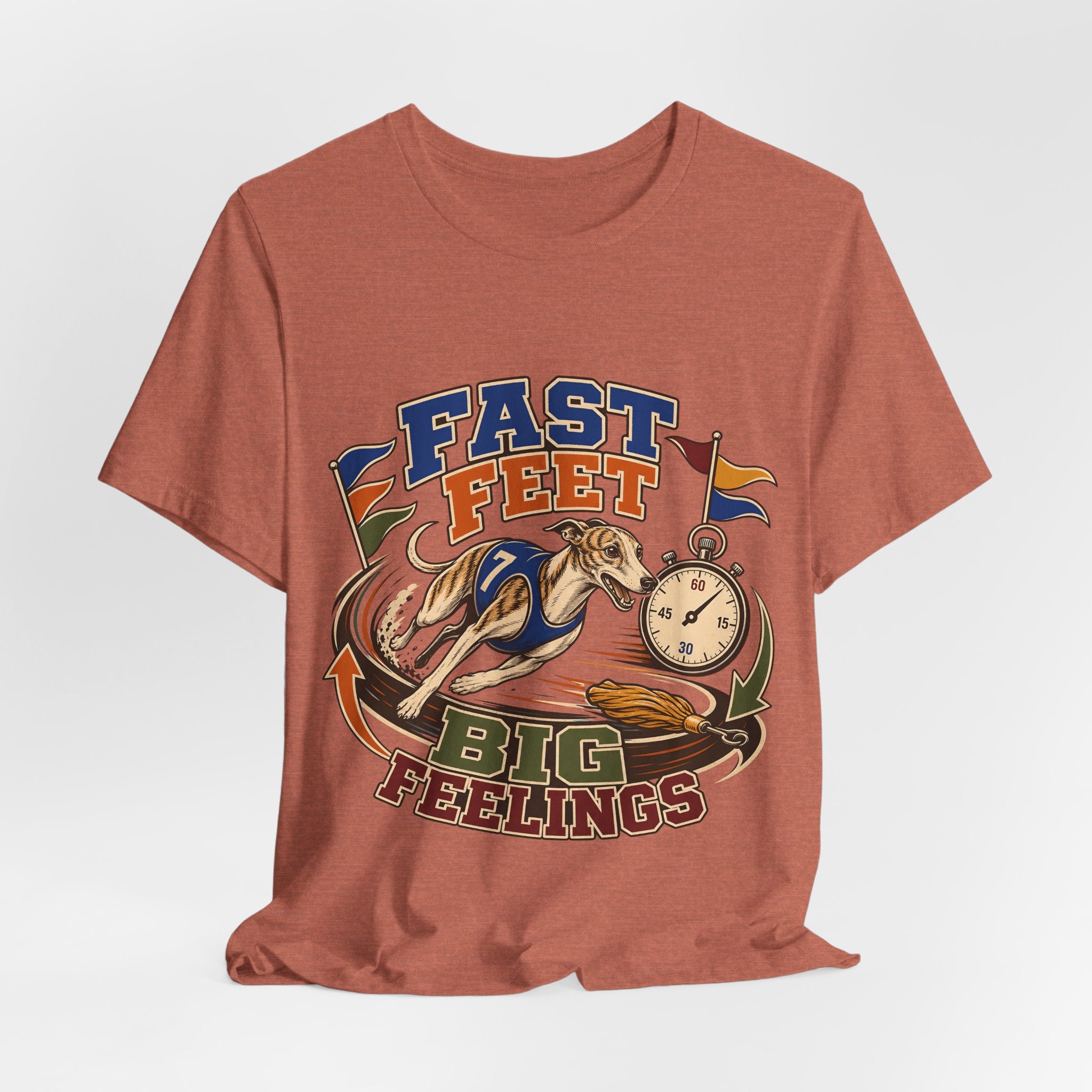 "Fast Feet Big Feelings" T-Shirt — Sporty Vintage Whippet Graphic Tee
