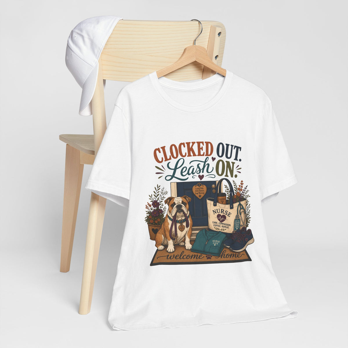 "Clocked Out. Leash On." T-Shirt — Warm Crossover Nurse Dog Lover Graphic Tee