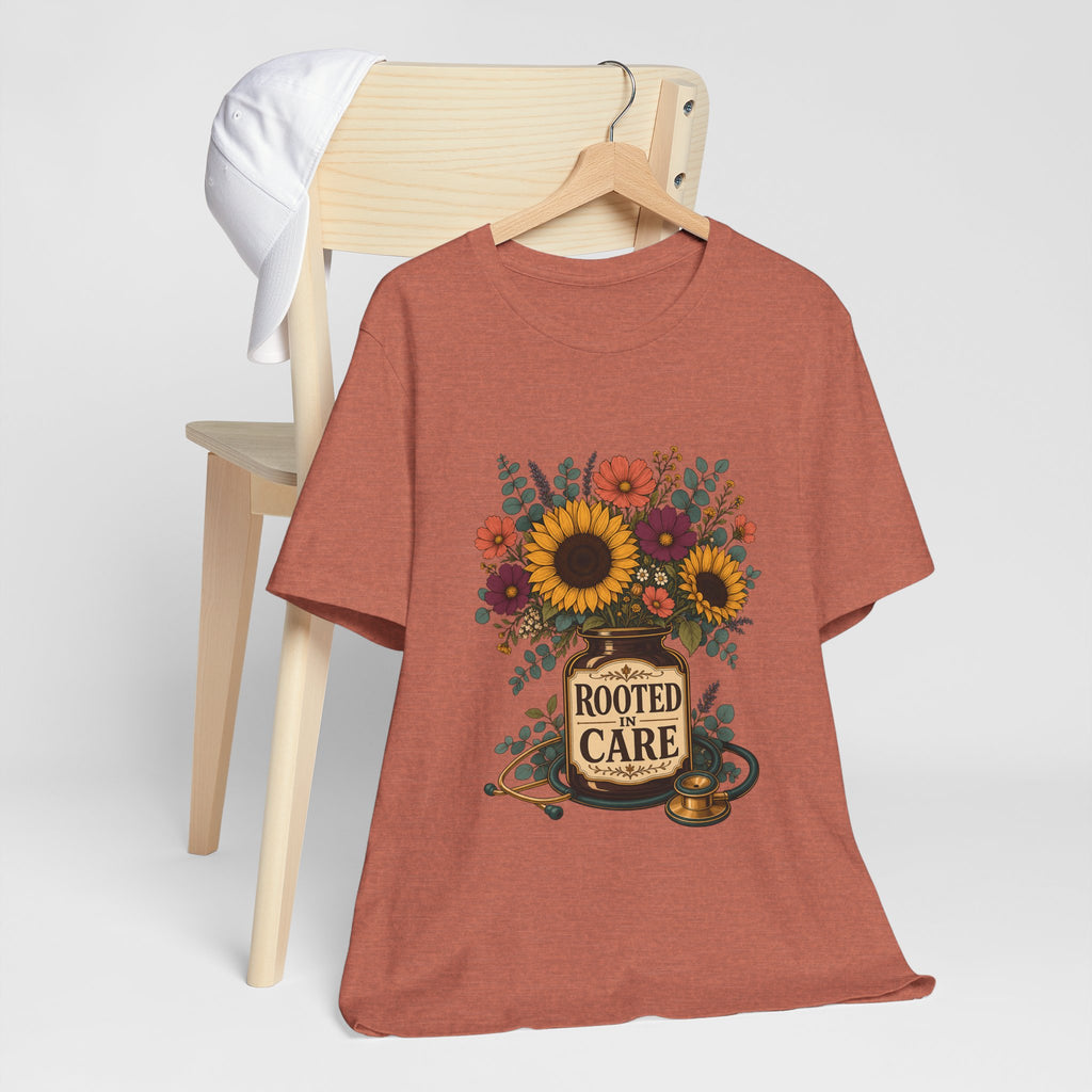 "Rooted In Care" Nurse T-Shirt — Floral Mason Jar Nurse Graphic Tee