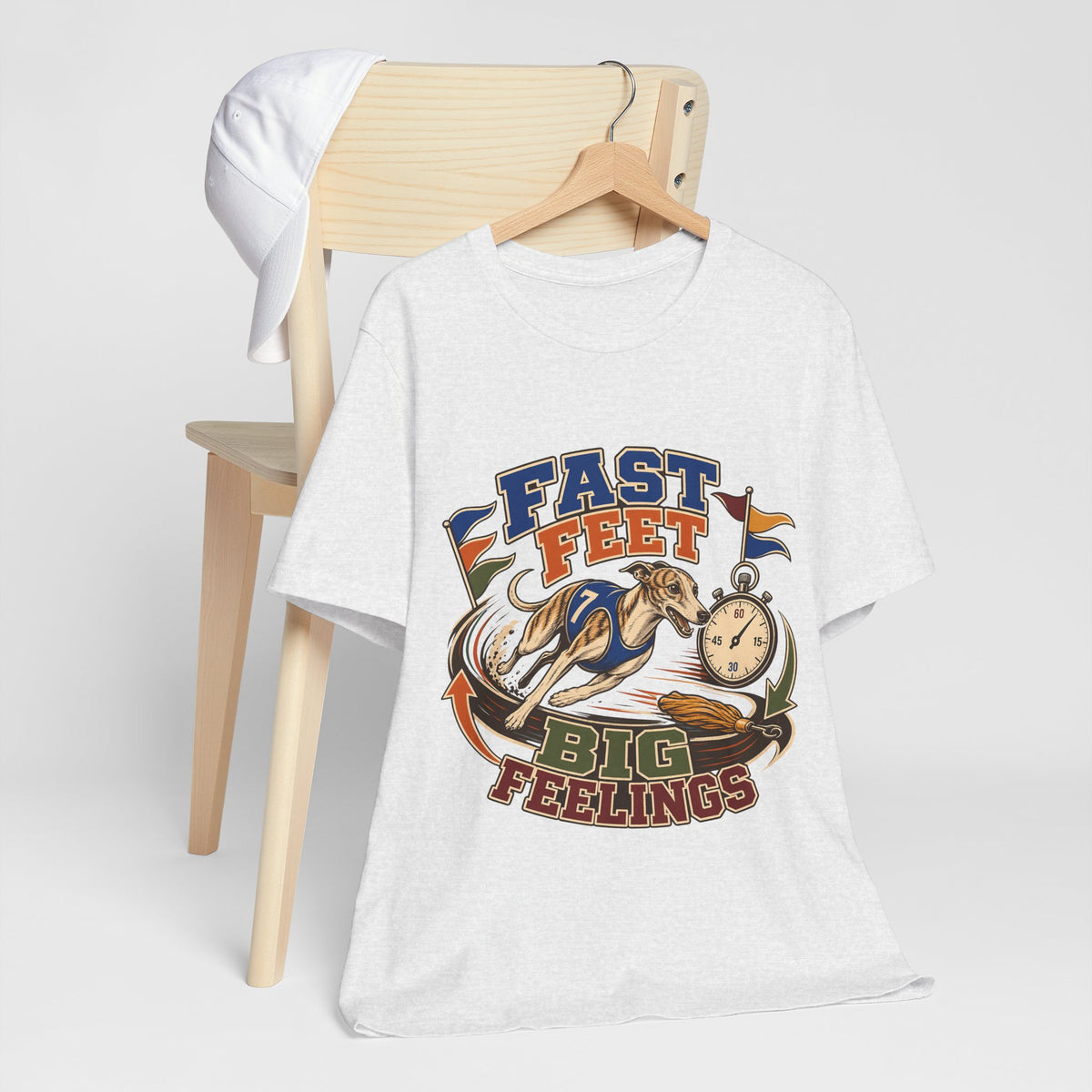 "Fast Feet Big Feelings" T-Shirt — Sporty Vintage Whippet Graphic Tee