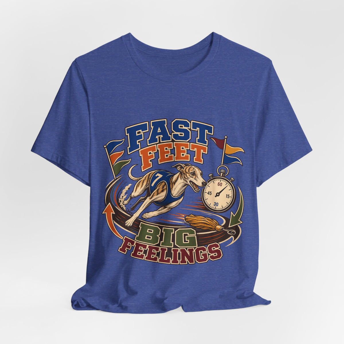 "Fast Feet Big Feelings" T-Shirt — Sporty Vintage Whippet Graphic Tee