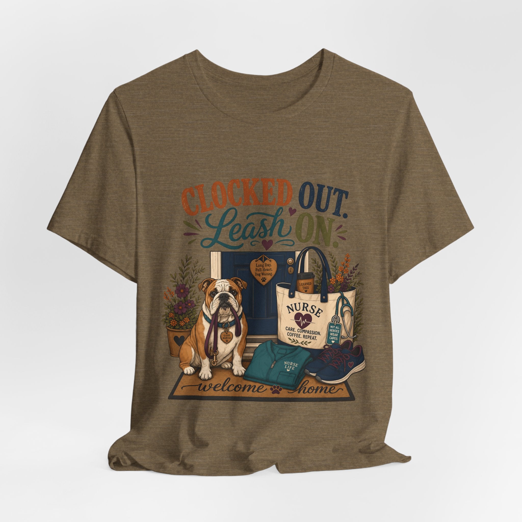 "Clocked Out. Leash On." T-Shirt — Warm Crossover Nurse Dog Lover Graphic Tee