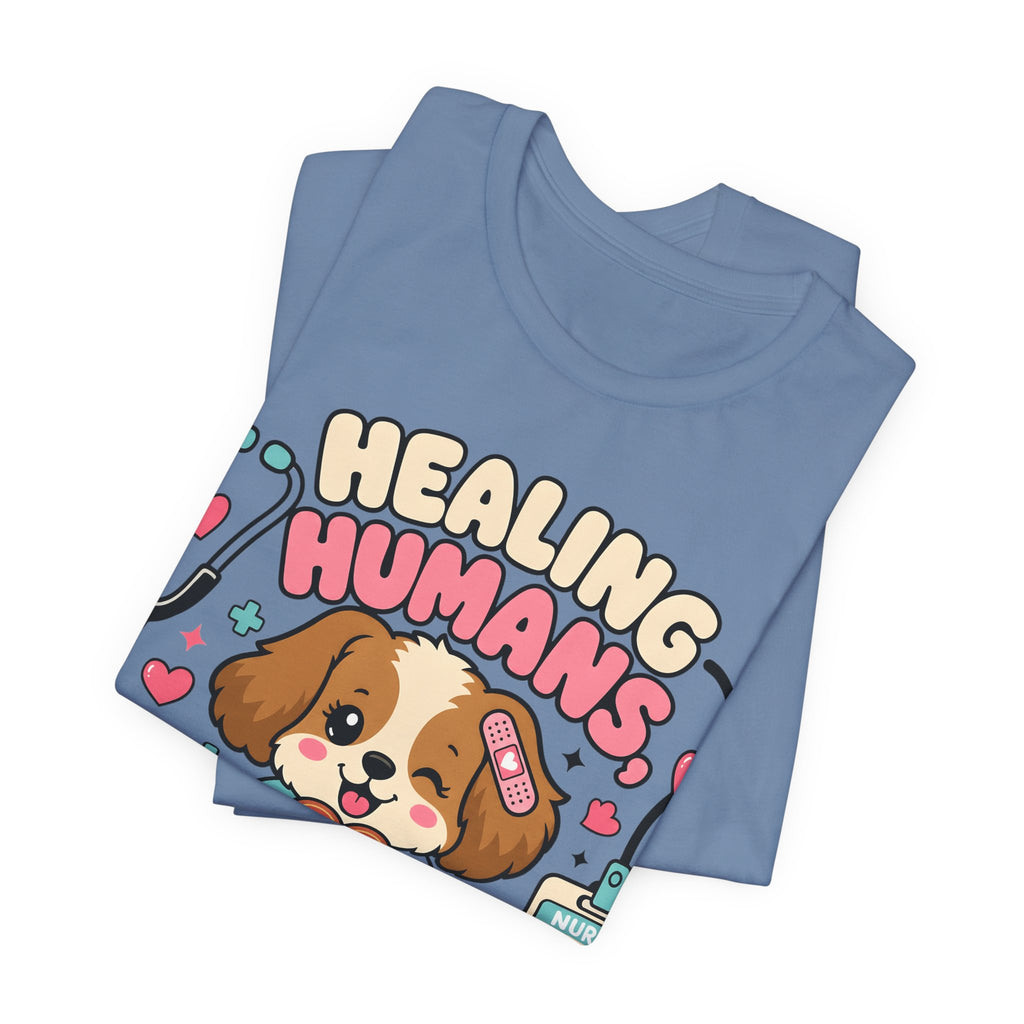 Healing Humans, Spoiling Dogs T‑Shirt — Cute Veterinary Nurse Dog Mom Tee