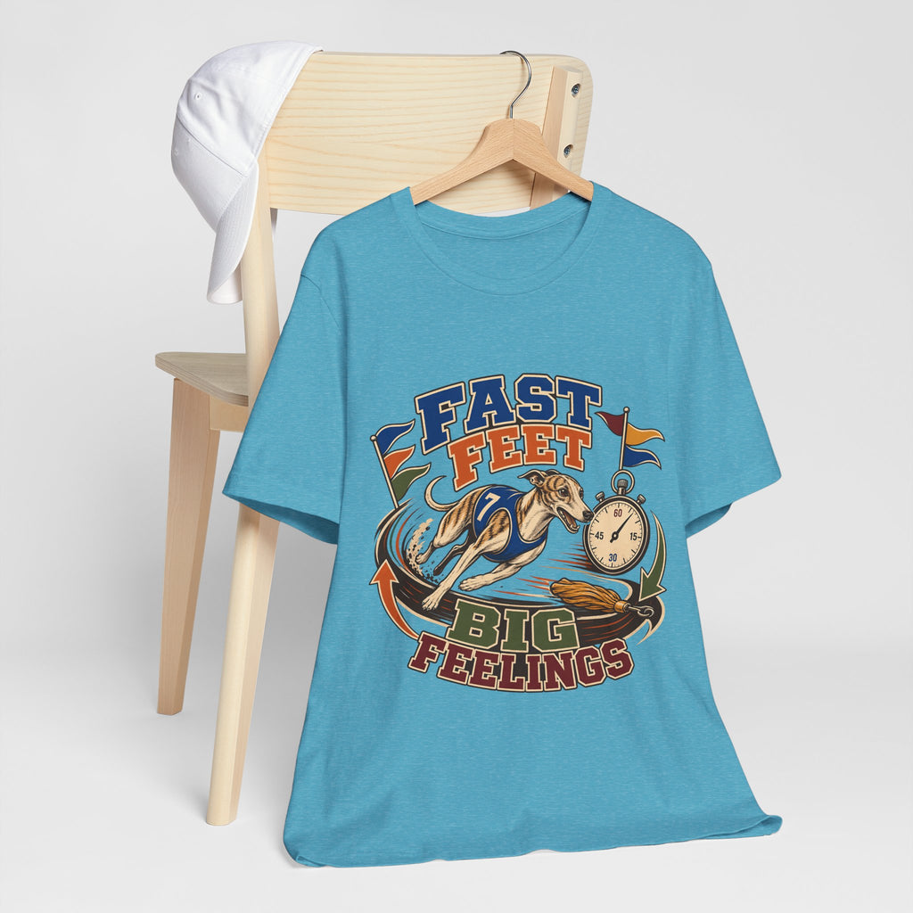 "Fast Feet Big Feelings" T-Shirt — Sporty Vintage Whippet Graphic Tee
