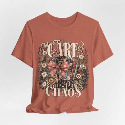 "Care With A Little Chaos" Coquette Nurse T-Shirt — Cute Nurse Graphic Tee