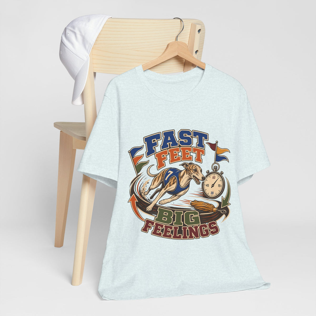 "Fast Feet Big Feelings" T-Shirt — Sporty Vintage Whippet Graphic Tee