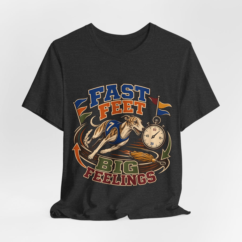 "Fast Feet Big Feelings" T-Shirt — Sporty Vintage Whippet Graphic Tee