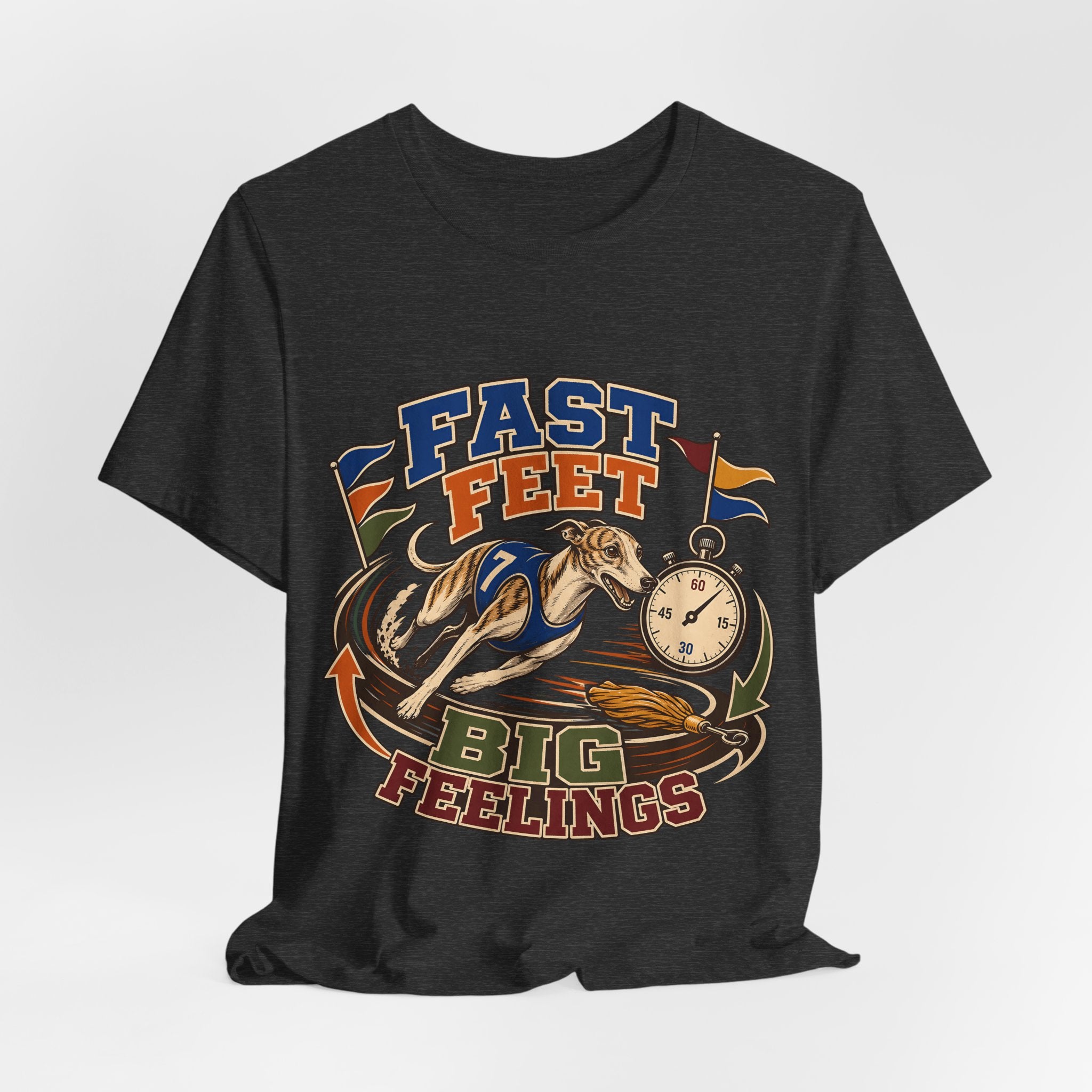 "Fast Feet Big Feelings" T-Shirt — Sporty Vintage Whippet Graphic Tee
