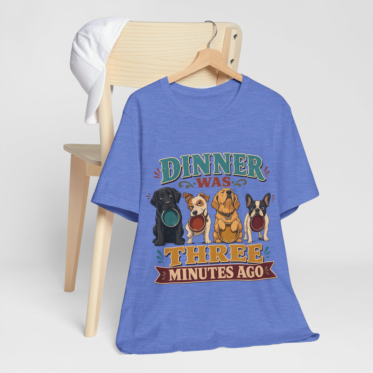"Dinner Was Three Minutes Ago" T-Shirt — Playful Dog Dinner Graphic Tee
