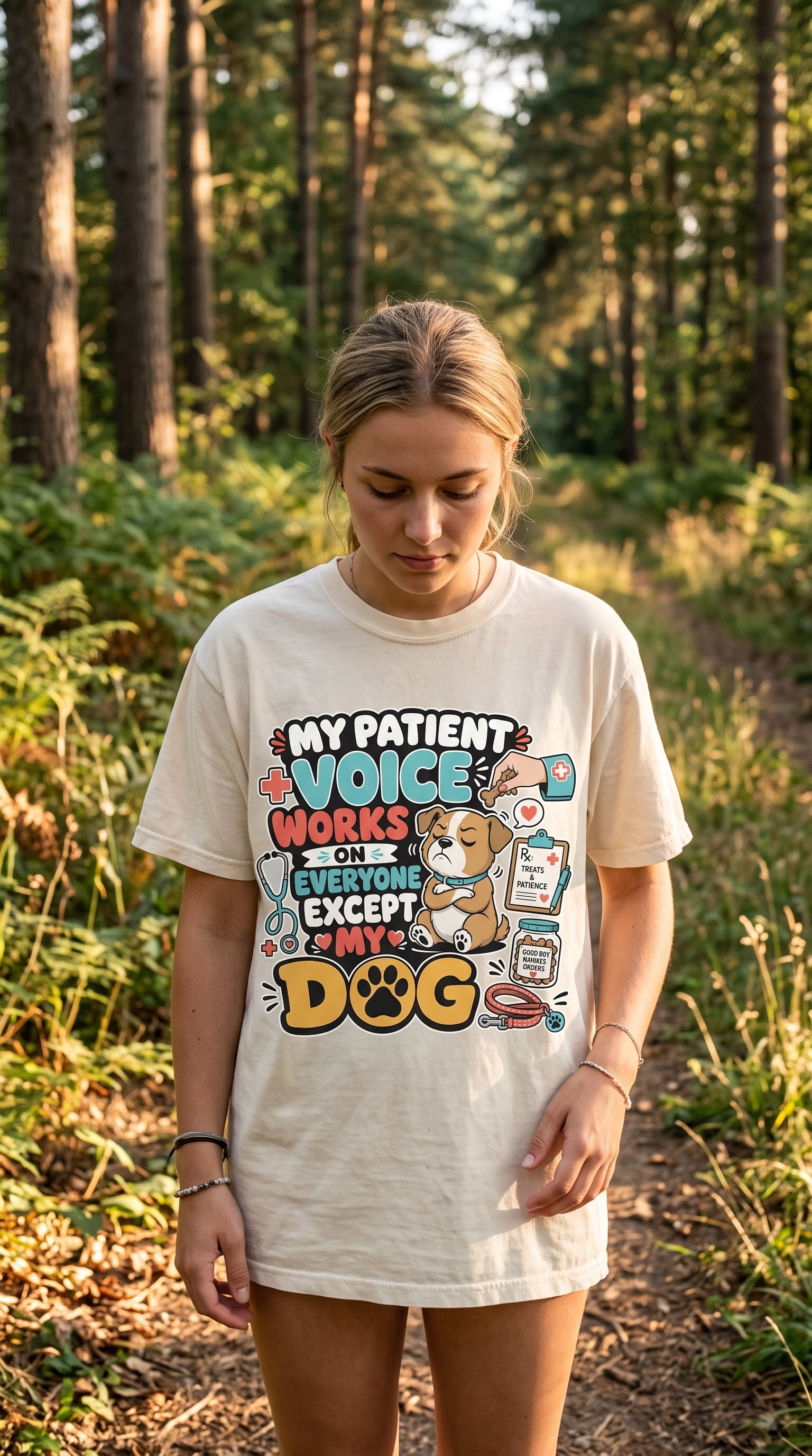 Dog Lover T‑Shirt — “My Patient Voice Works on Everyone Except My Dog” Cute Veterinary Pet Tee