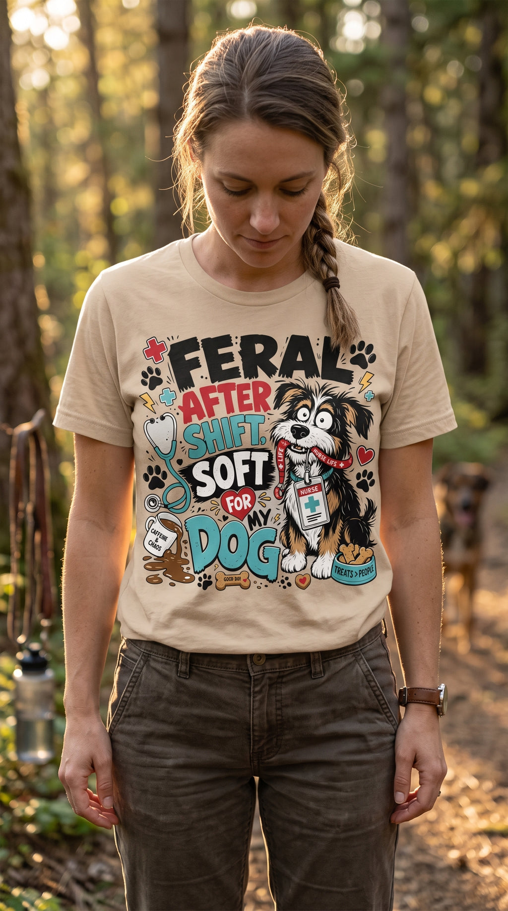 Dog Lover Nurse T-Shirt — "Feral After Shift, Soft for My Dog" Cute Veterinary Nurse Tee
