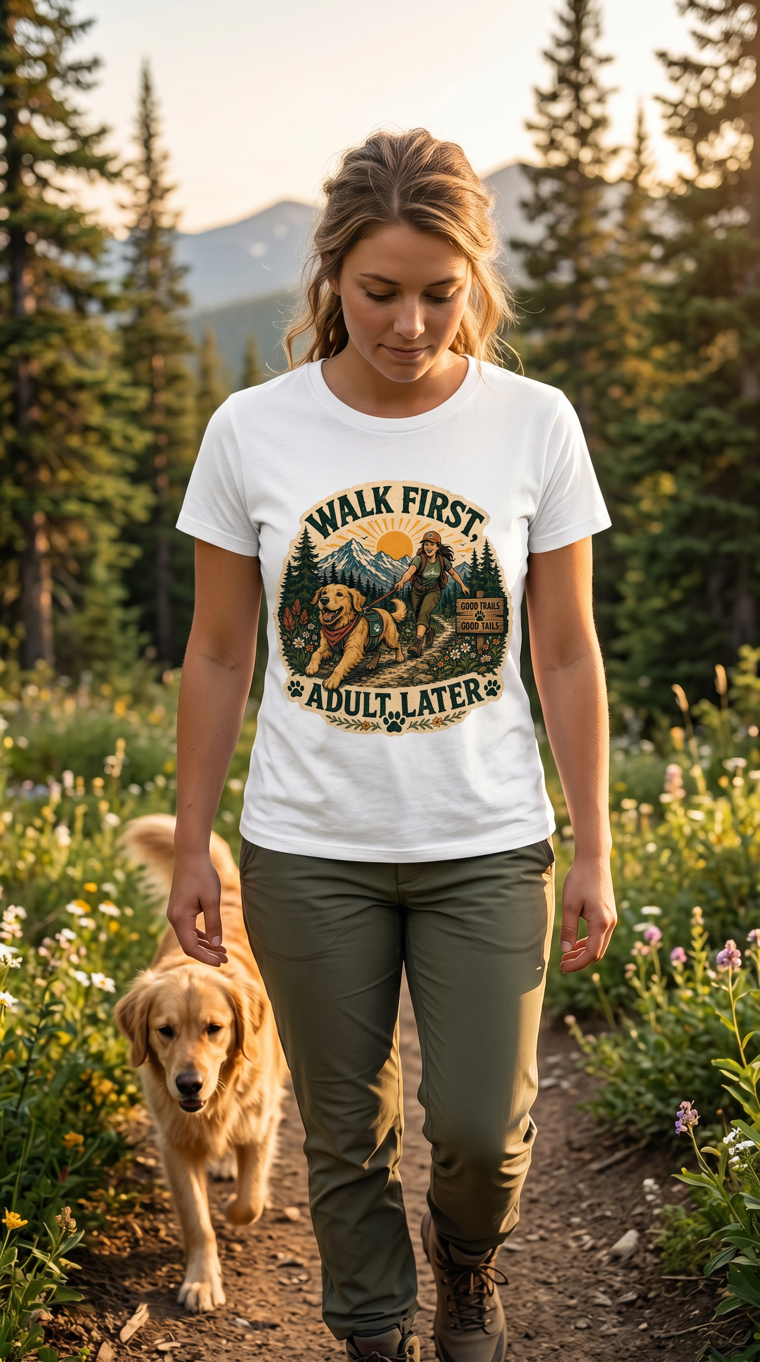 Walk First, Adult Later T-Shirt — Retro Hiking Dog Graphic Tee