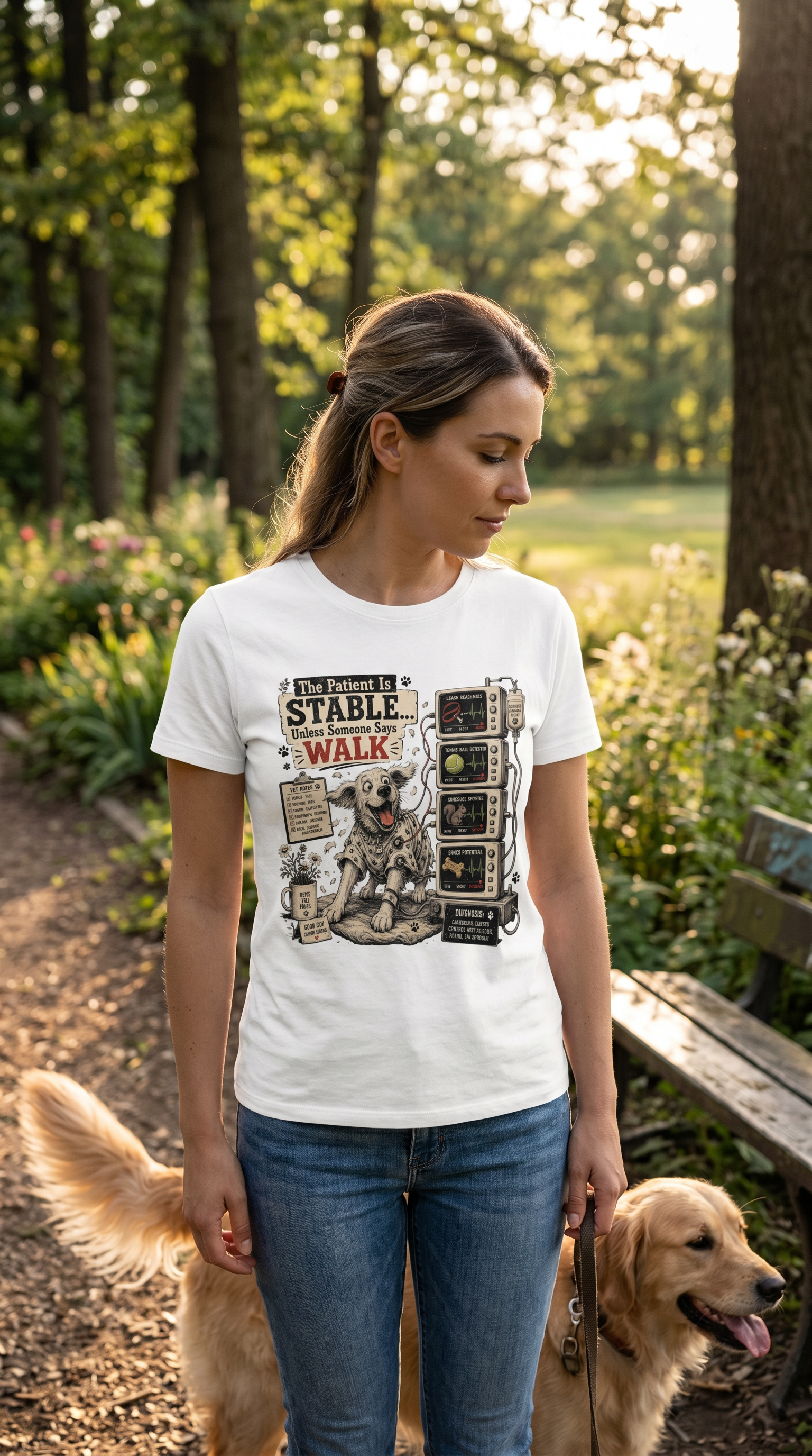 Dog Vet T-Shirt – “The Patient Is Stable… Unless Someone Says WALK” Veterinary Nurse Tee