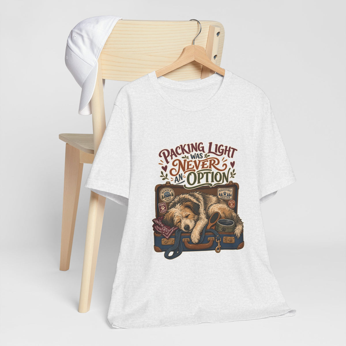 "Packing Light Was Never An Option" T-Shirt — Whimsical Travel Dog Graphic Tee