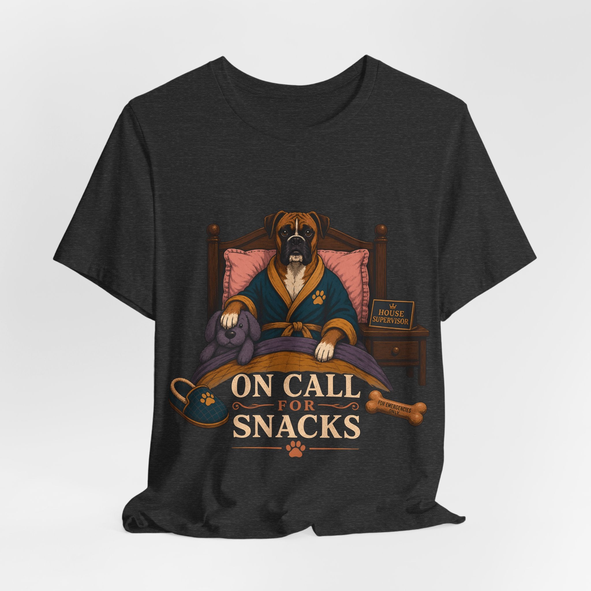 "On Call For Snacks" T-Shirt — Humorous Boxer Dog Graphic Tee
