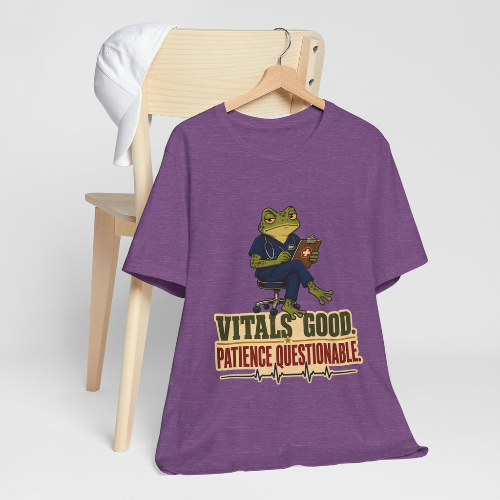 "Vitals Good, Patience Questionable." Nurse T-Shirt — Funny Nurse Graphic Tee