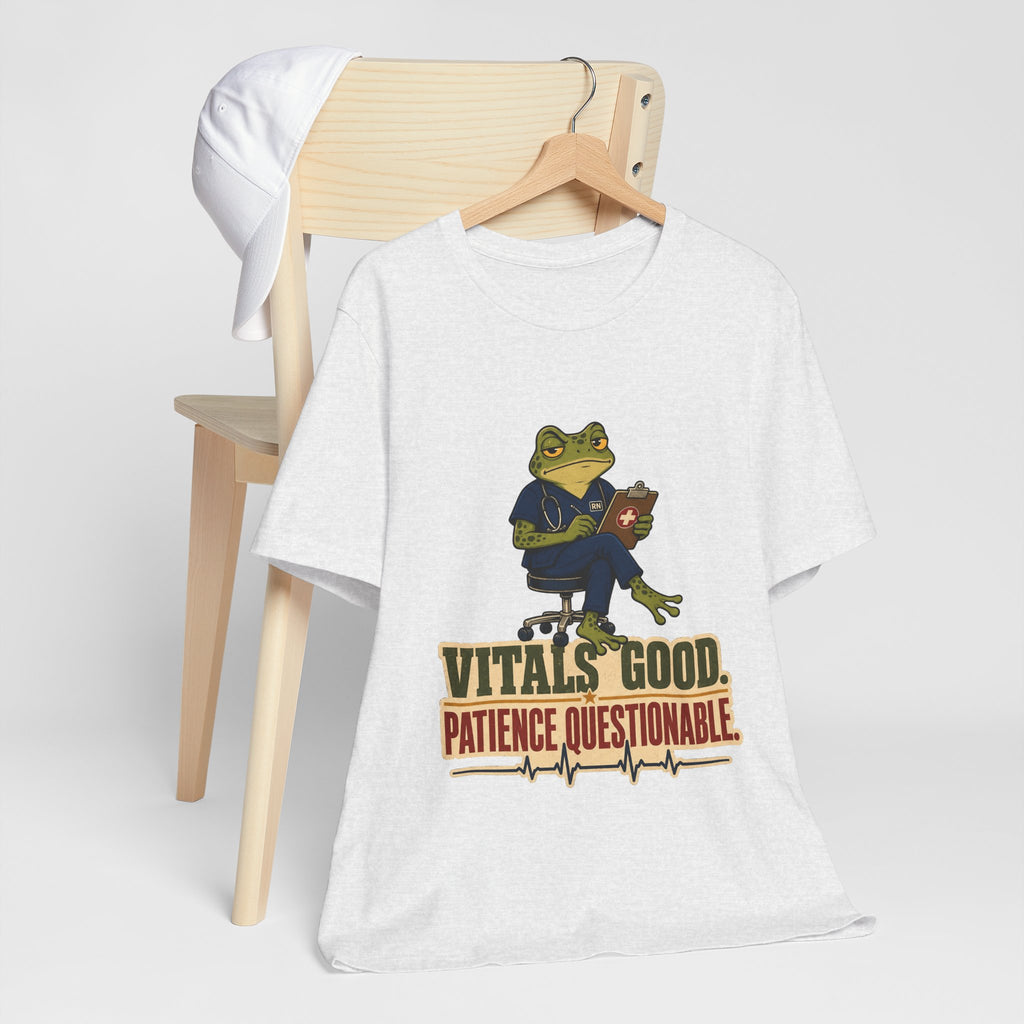 "Vitals Good, Patience Questionable." Nurse T-Shirt — Funny Nurse Graphic Tee
