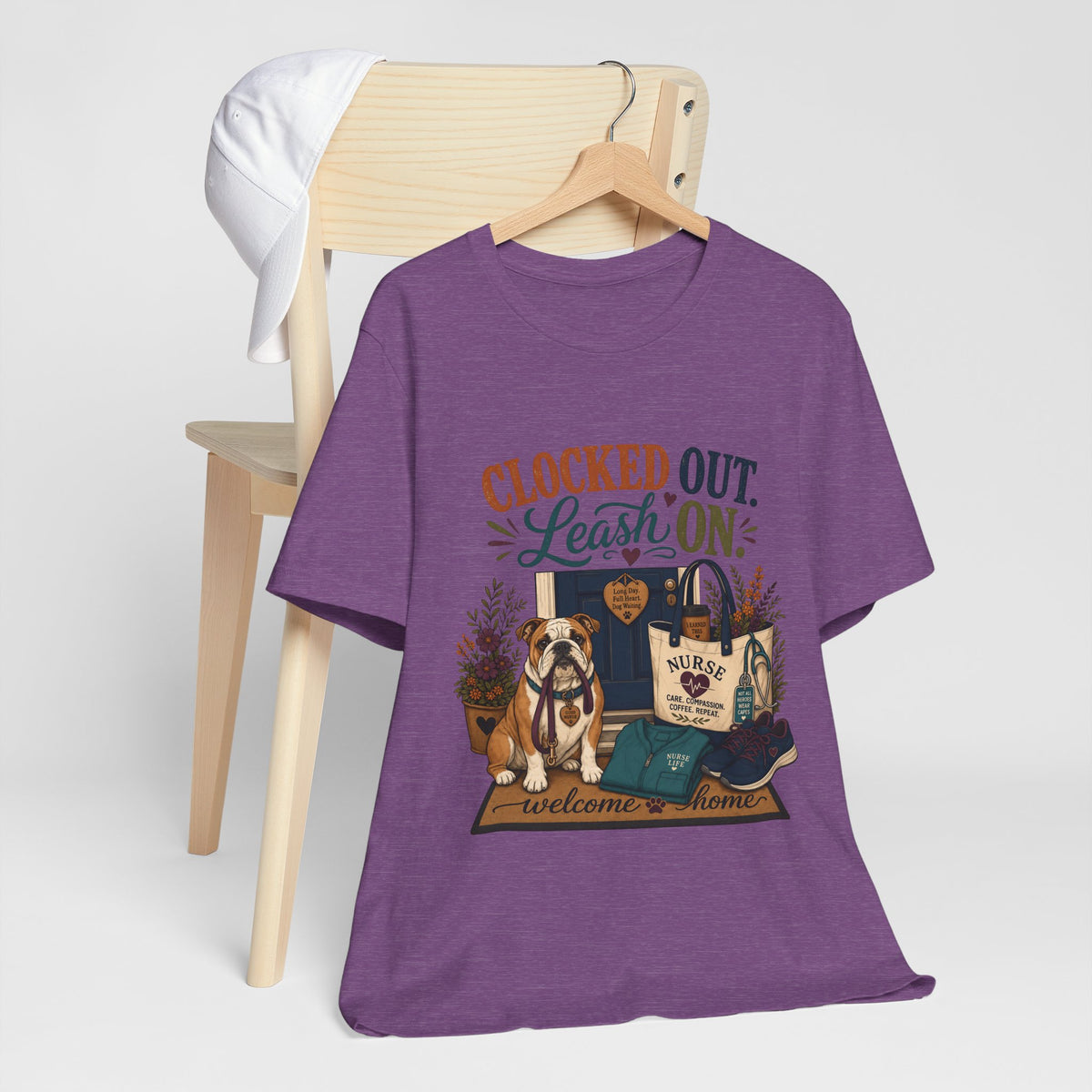 "Clocked Out. Leash On." T-Shirt — Warm Crossover Nurse Dog Lover Graphic Tee